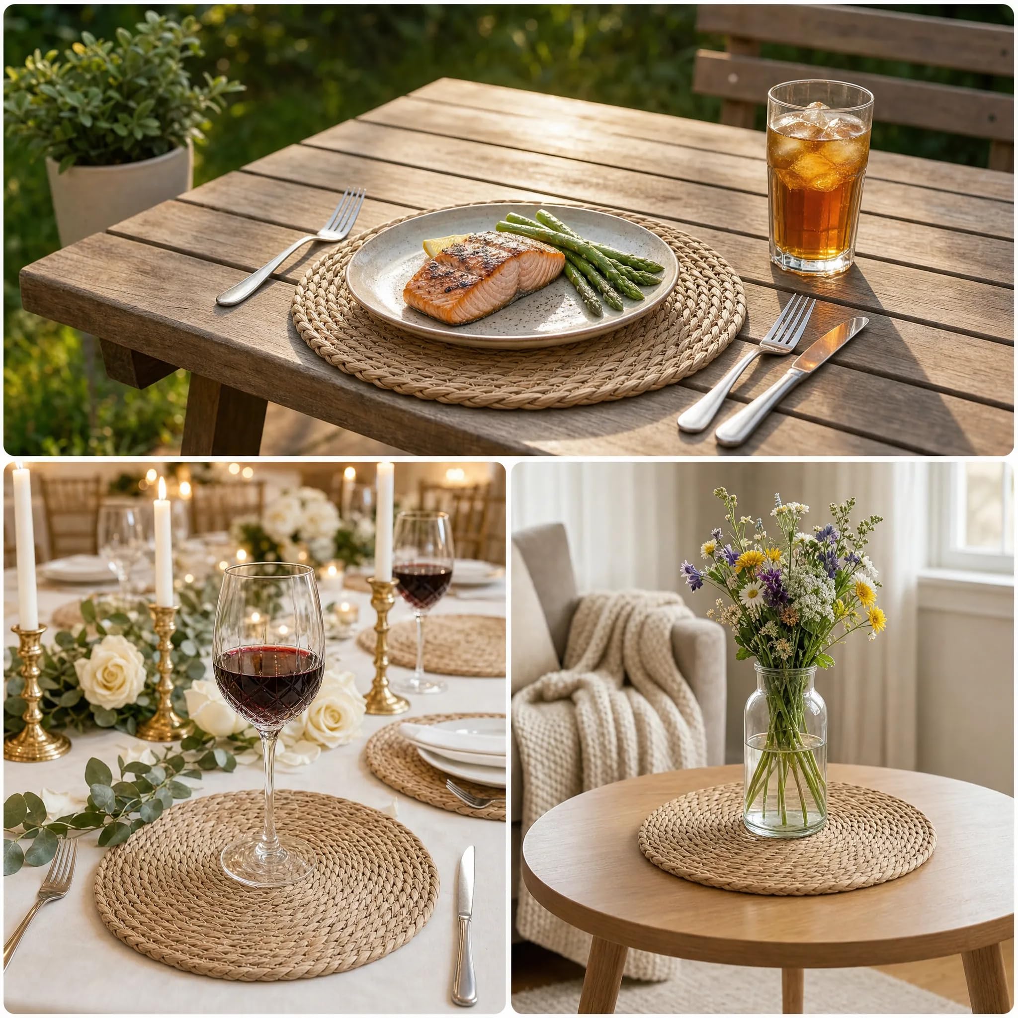 Set di 6 tovagliette rotonde in giacinto d'acqua intrecciato a mano, 30 cm, tovagliette in vimini naturale per tavolo da pranzo, cucina, matrimoni e fattoria, decorazione per la casa