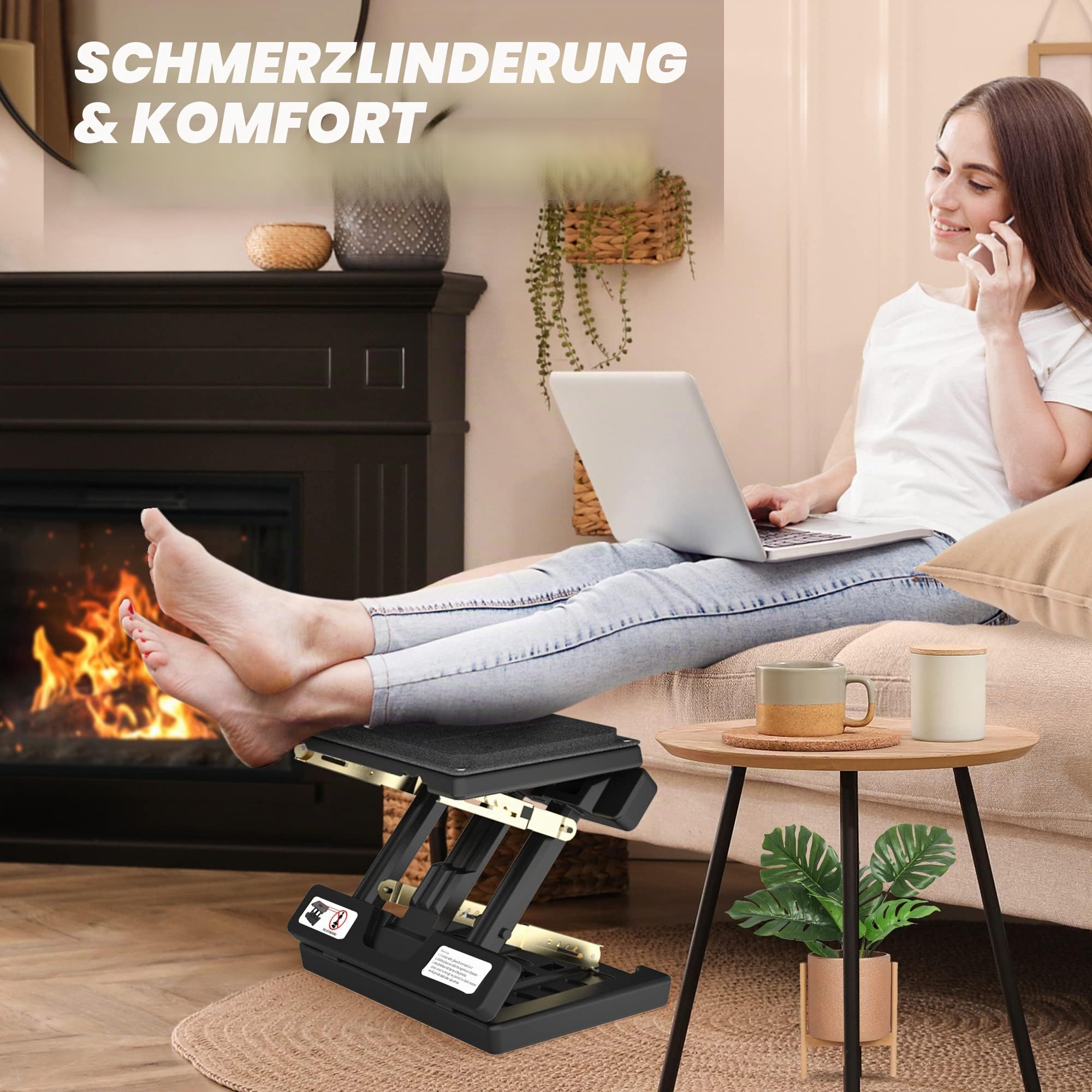 Fußstütze Pro | Massagerolle & Perlen | für Auto, Untertisch, Zuhause, Zug, flexible Höhenverstellung | (schwarz)