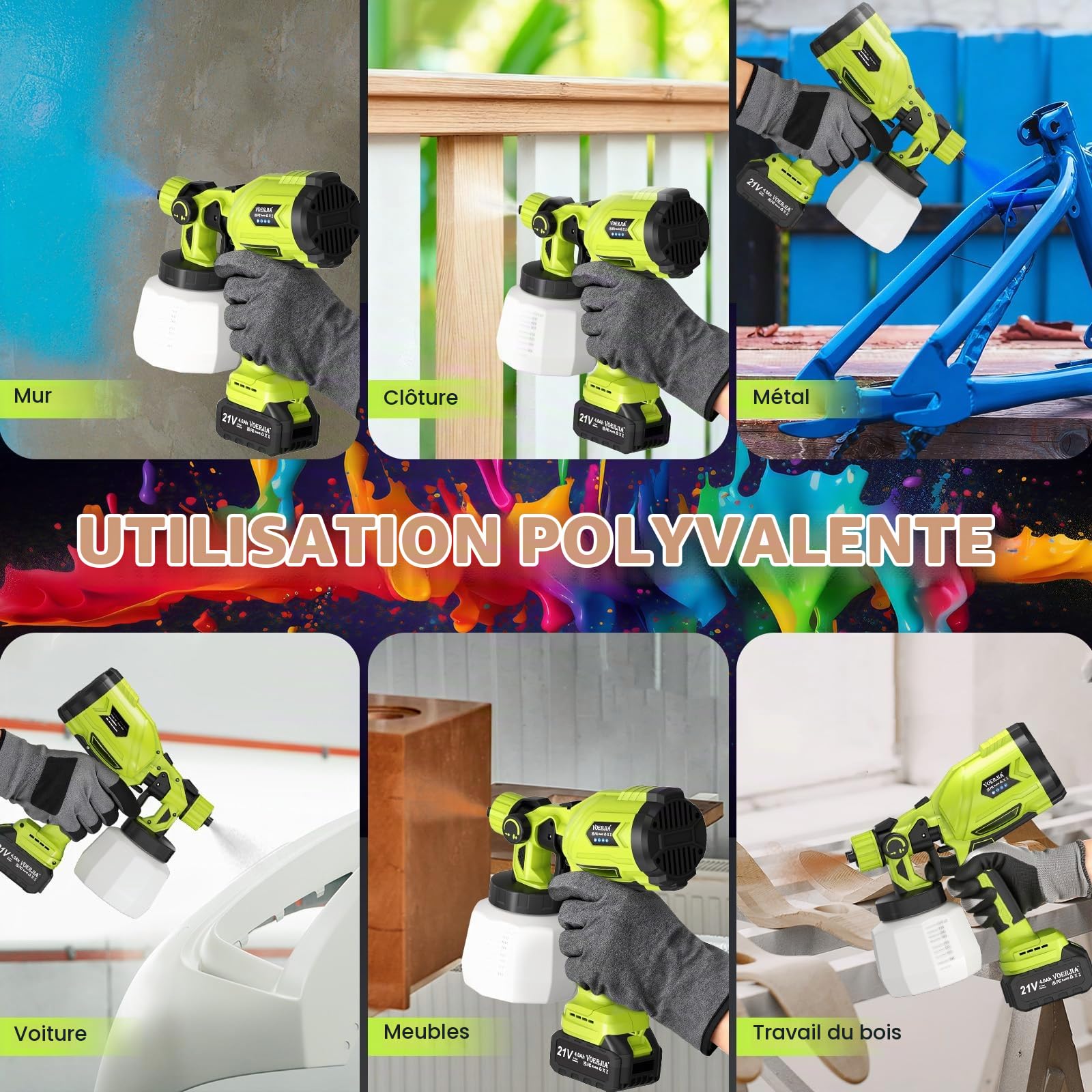 VOERJIA Pistolet à Peinture sans Fil 21V, Pulvérisateur de Peinture HVLP 850W avec 2×4.0Ah Batterie, Réservoir 1000ML, 5 Buses, 3 Modes, pour Murs, Meubles, Clôtures, Intérieur/Extérieur