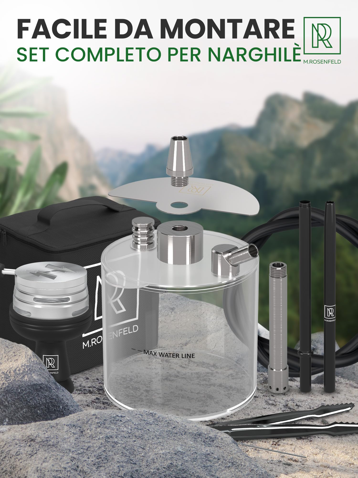 Narghilè Completo Kit M. ROSENFELD Con Borsa Yado - Shisha Narghile Piccola Per Viaggio In Acciaio Inossidabile - Narghile Completa Con Accessori Premium [set Testa Narghilè + Tubo + Bocchino]