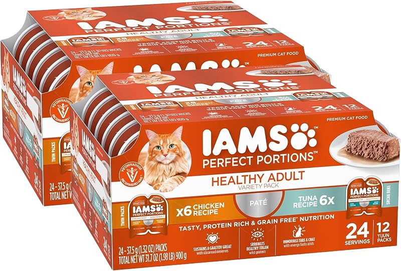 Ração úmida para gatos adultos IAMS Perfect Portions, patê sem grãos de frango e atum, 48 porções