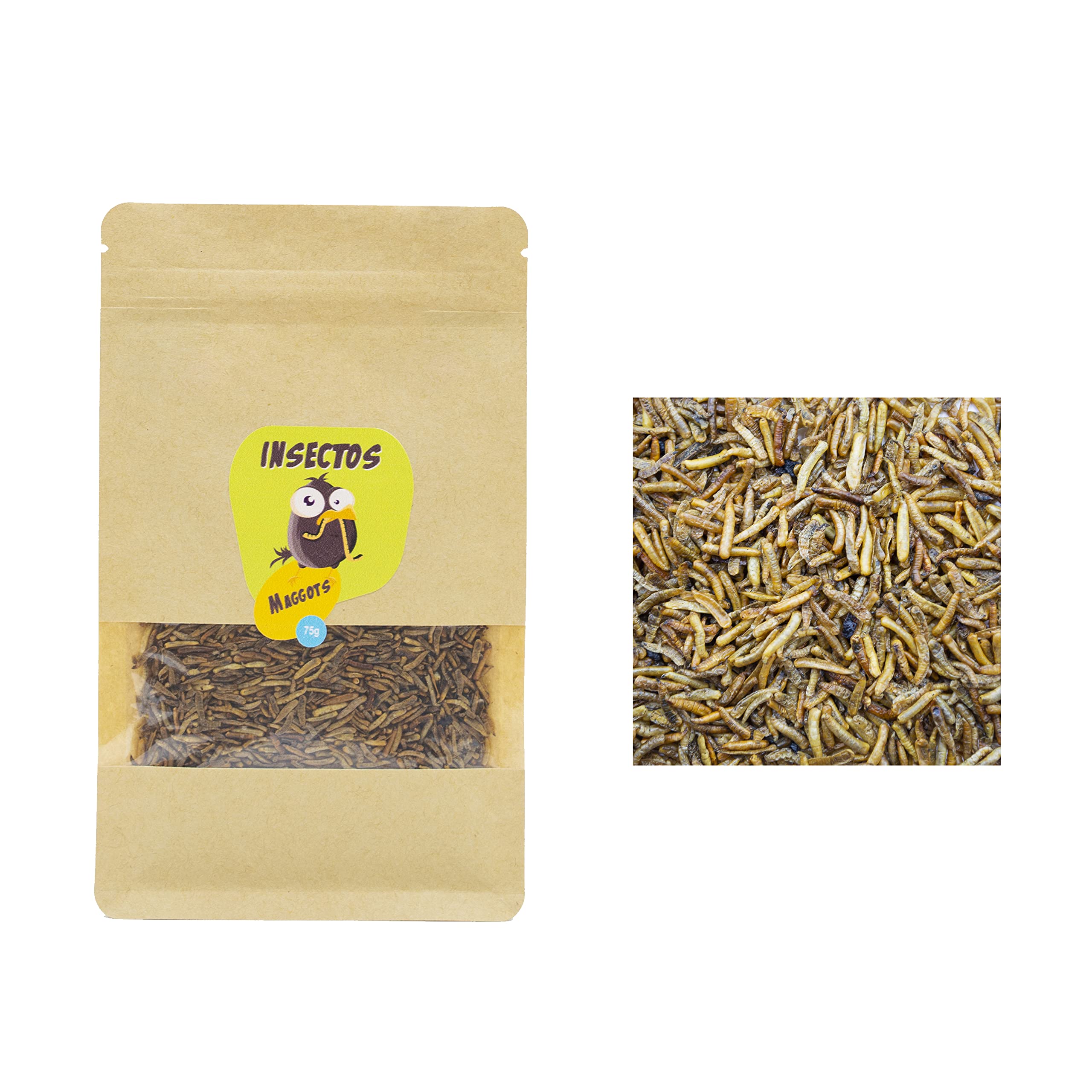Larvas de Gusanos o Maggots deshidratados para Reptiles, Tortugas, Peces de Estanque y Aves – 75g – Snack de Proteínas para Mascotas