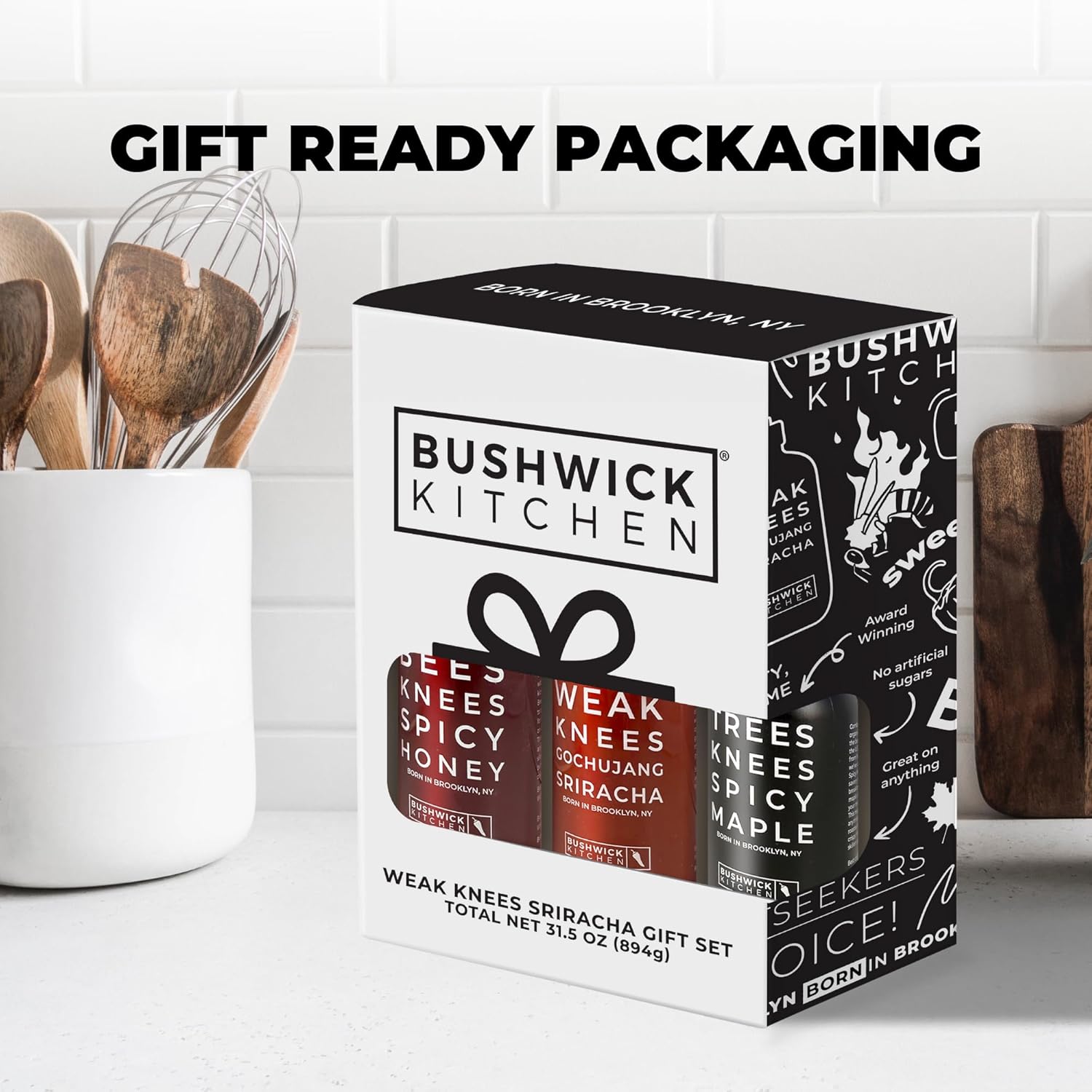 Weak Knees Spicy Sampler Gift Set - Hot Honey, Gochujang Sriracha & Spicy Maple Syrup, Gourmet Trio with Kitchen Towel for Cooking & Entertaining, Unique Gifts for Mom