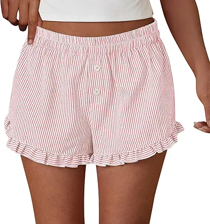 Womens Boxer Shorts Y2K Ruffle Pajama 2026 Summer Spring Lounge Sleep Striped Casual Beach Pj Bottoms Pockets