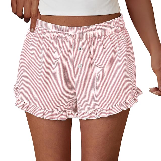PRETTYGARDEN Womens Boxer Shorts Y2K Ruffle Pajama 2026 Summer Spring Lounge Sleep Striped Casual Beach Pj Bottoms Pockets