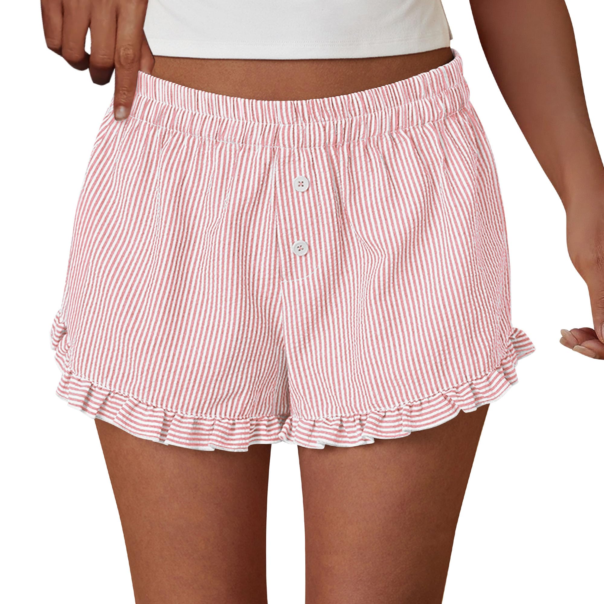 PRETTYGARDEN Womens Boxer Shorts Y2K Ruffle Pajama 2026 Summer Spring Lounge Sleep Striped Casual Beach Pj Bottoms Pockets