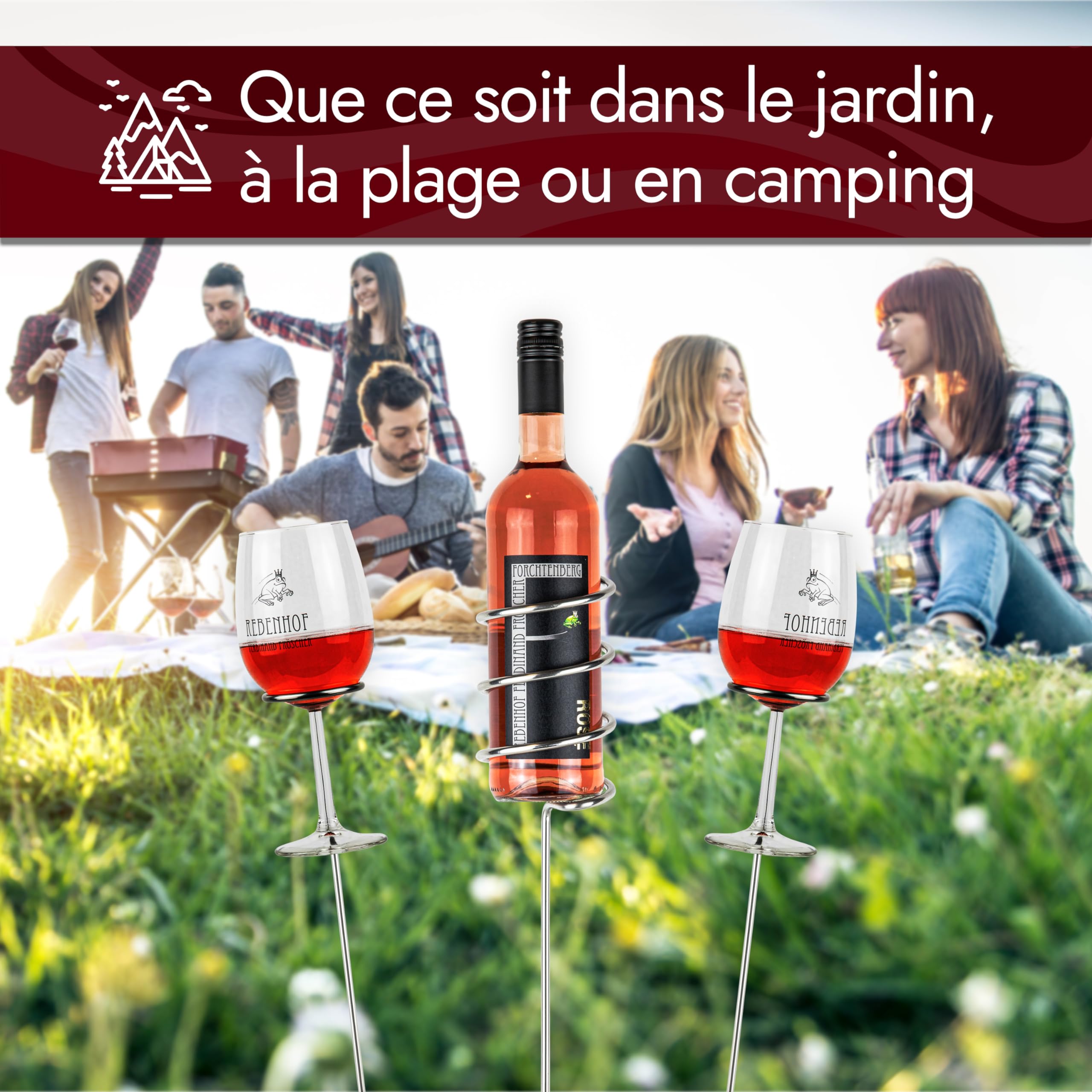 Support à vin original [Kit de démarrage] Support pour bouteilles et verre en acier inoxydable | Dégustation du vin pour partout | Le gadget pour pique-nique sur la plage dans le jardin