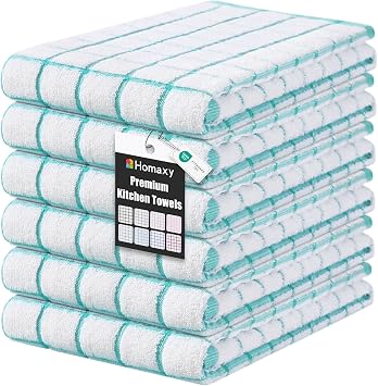 Homaxy Premium Kitchen Towels16x 28, 6 Pack, Large Ring Spun Cotton Dish Towels, Super Absorbent Soft Terry Kitchen Hand Towels, Check Design Tea Towel Set with Hanging Loop, Aqua