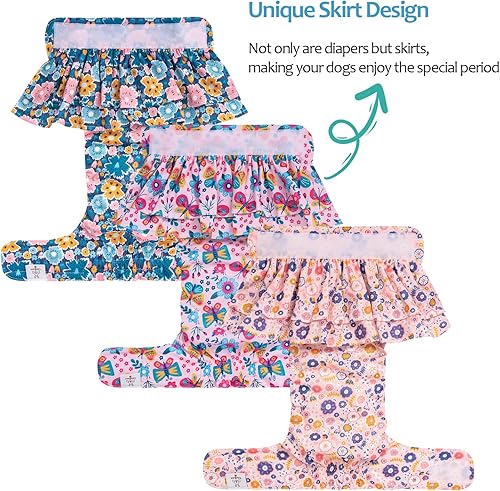Miniatura 2 de CuteBone Pañales para perras con faldas, paquete de 3 vestidos reutilizables para cachorros, pantalones para el período de ciclo de calor QBD11M