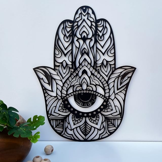 Hamsa Hand Wood Wall Decor Black and White, Hamsa Hand Wood Wall Art, Fatima Hand, Fatima Wall Decor, Laser Cut Hamsa,Wooden Hamsa, Hamsa Wall Art, Home Decoration, Wall Hanging Decor - 40cm (Black)