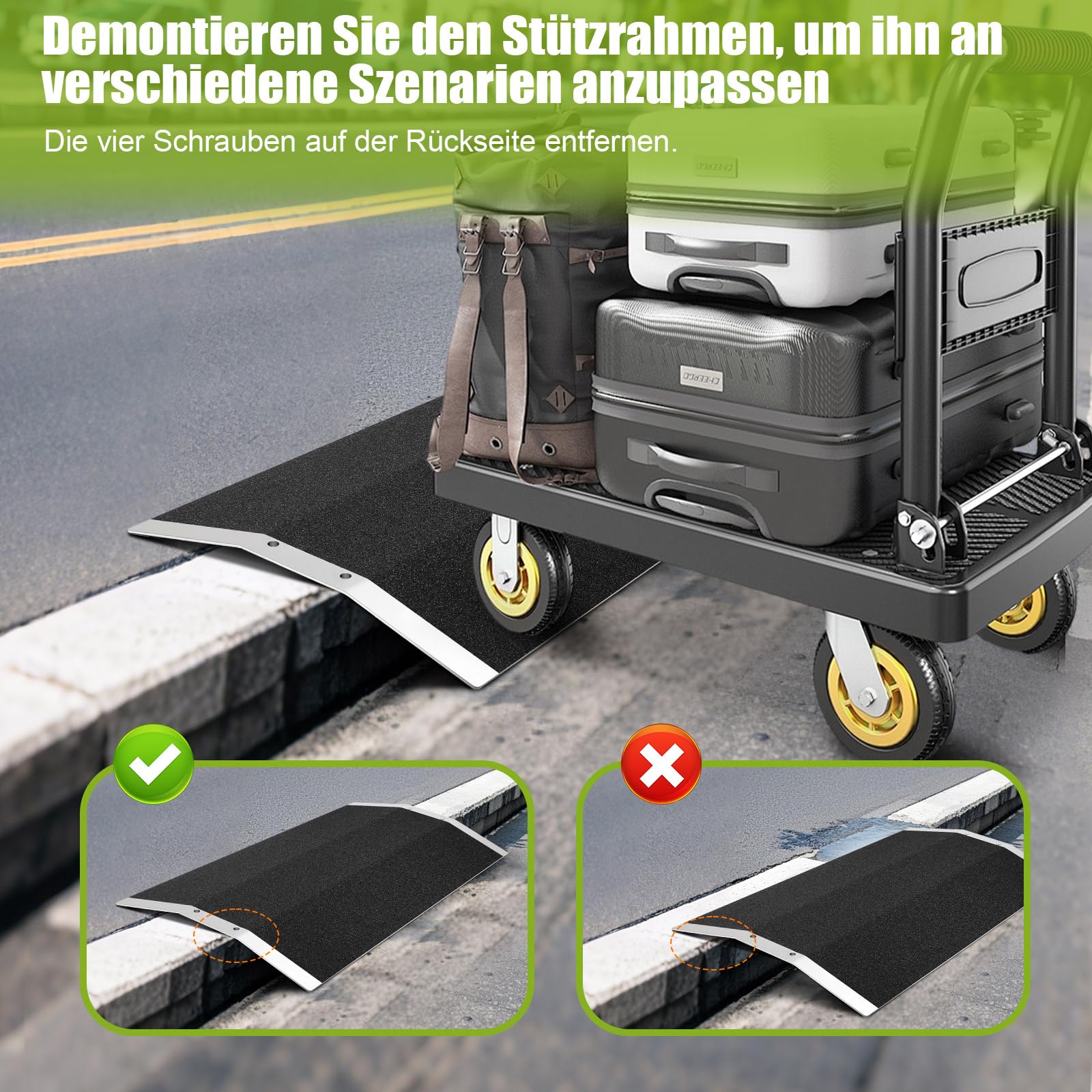 Vielseitig Alu-Schwellenrampe,80cm Breite, 300 kg Tragkraft, rutschfest Schwellenbrücke Rollstuhlrampe für Rollstuhl & Rasenmäher, Türschwellenrampe für Türschwellen, Stufen, Bordsteine