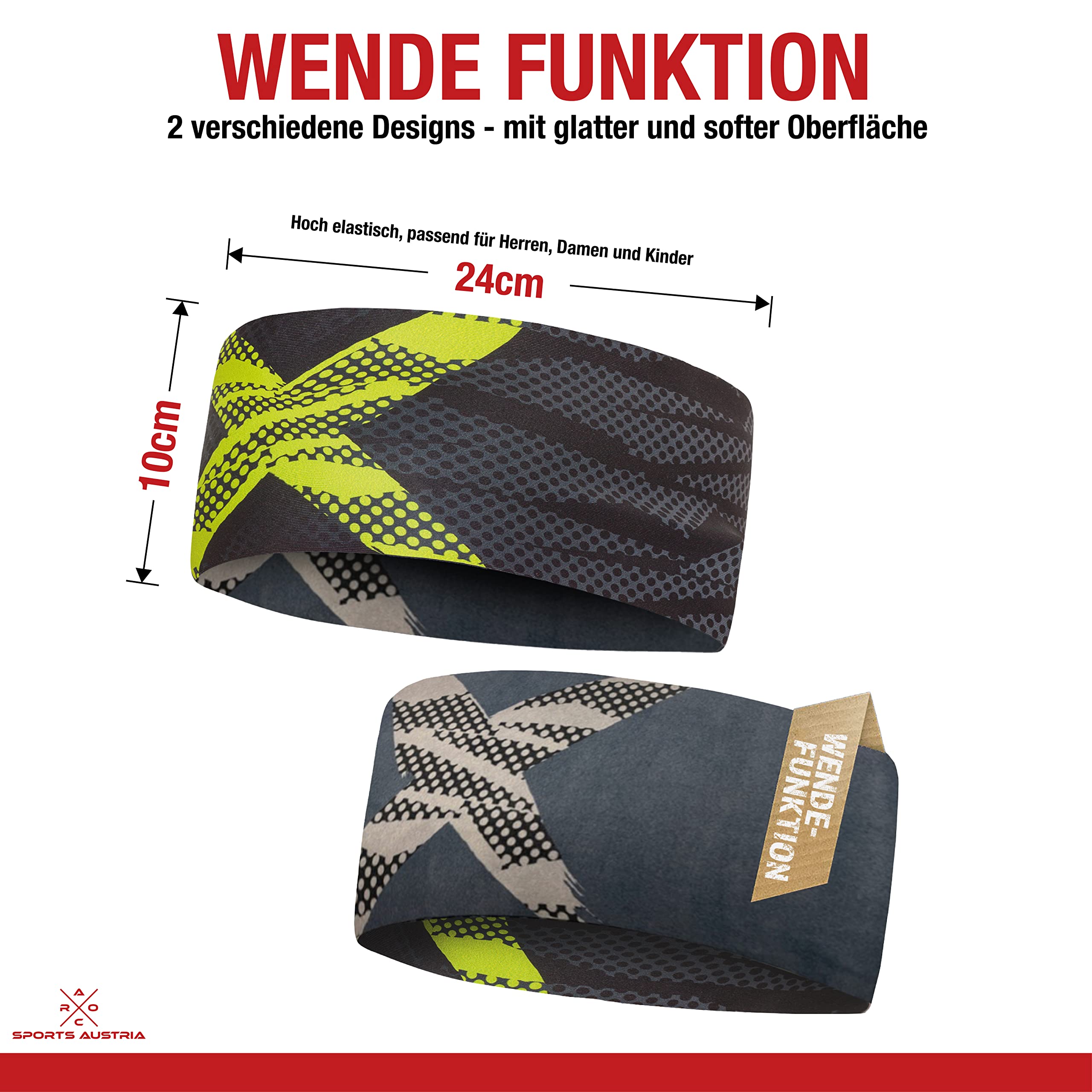 Fascia per capelli reversibile, leggera ed elastica, tecnologia AROC-Dry, asciugatura rapida, assorbe il sudore, trekking, corsa, ciclismo, sci