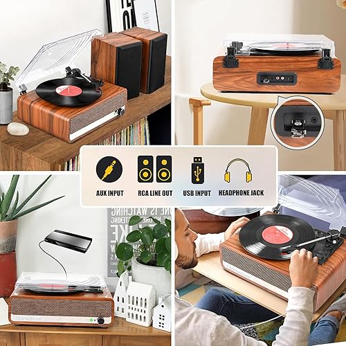 Miniatura 4 de Reproductor de discos de vinilo con altavoces, tocadiscos de 3 velocidades con Bluetooth 5.3, entrada auxiliar, conector para auriculares, salida