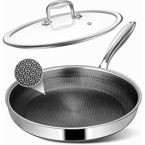 Non Stick Frying Pans, 12-inch with Lid, Hybrid Frying Pans Nonstick Stainless Steel Skillets, Dishwasher & Oven-Safe, Stay-Cool Handle, PFOA Free Cookware, Compatible with All Cooktops