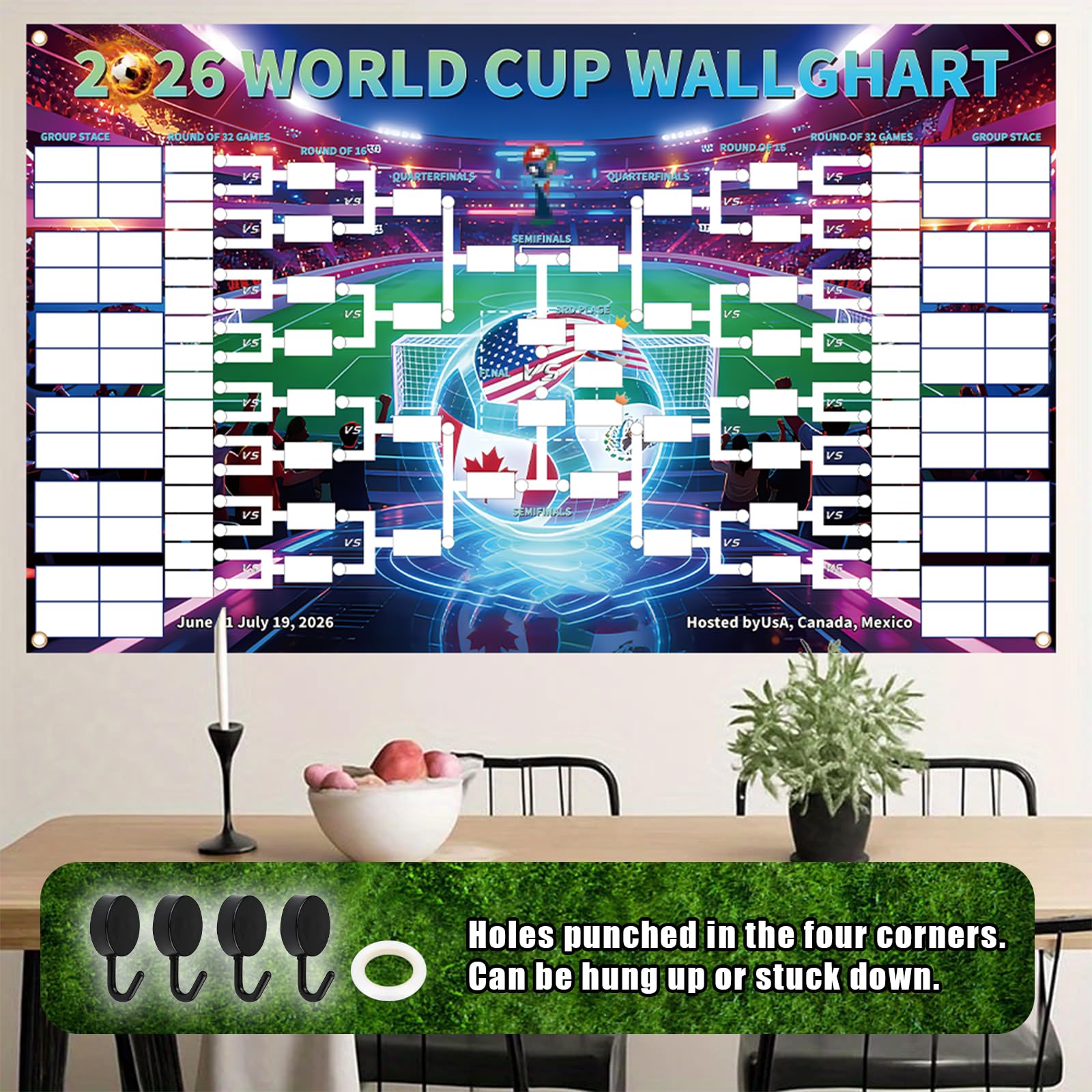 180 * 110cm Poster con il calendario dei Mondiali Calendario 2026 Poster Della Coppa Del Mondo Per Gli Appassionati Di Calcio E Feste Ganci inclusi