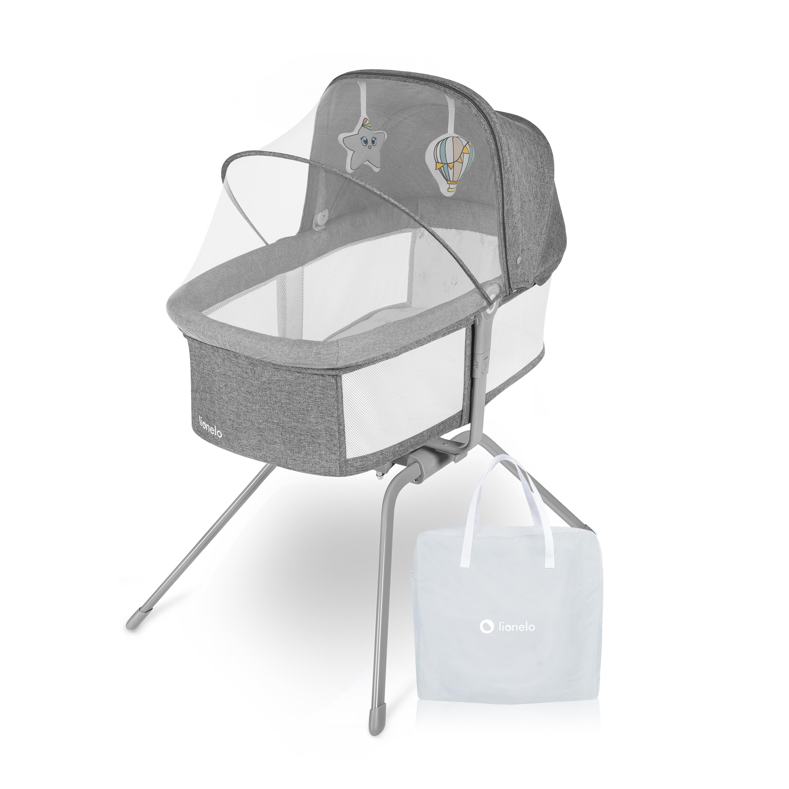 lionelo Malin EVO 3in1 Culla neonato e Lettino da viaggio con materasso per bambini da 0 a 9 kg Leggera e pieghevole Sistema a dondolo Regolazione, Montaggio veloce Lati in rete Cappottina Zanzariera