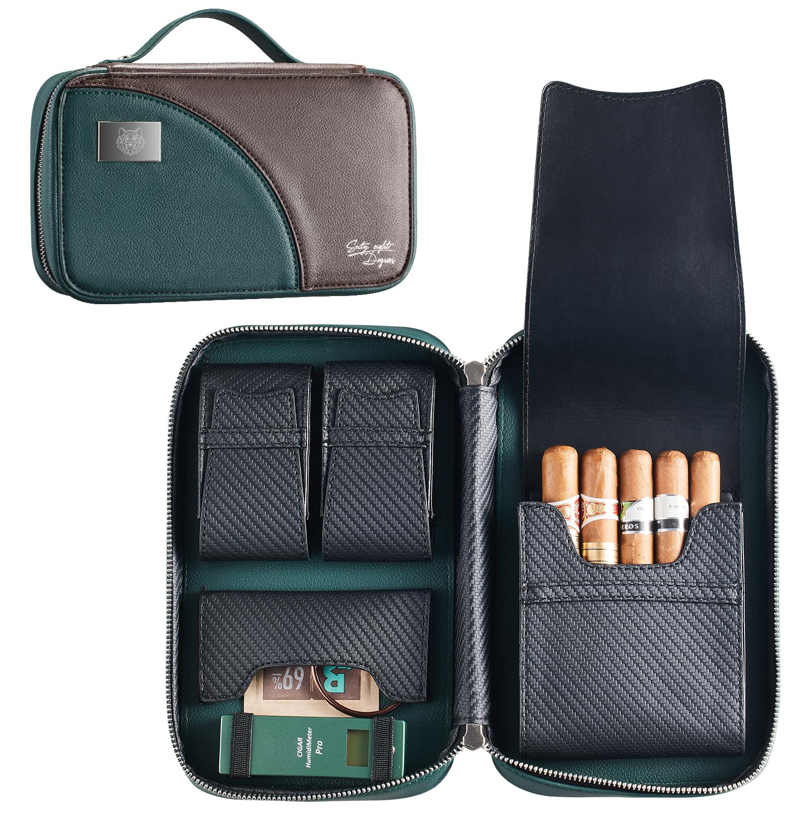 Leather Travel Cigar Case for 5 Cigars Hard Shell Humidor with 3 Pockets Phone Compartment Full Grain Leather