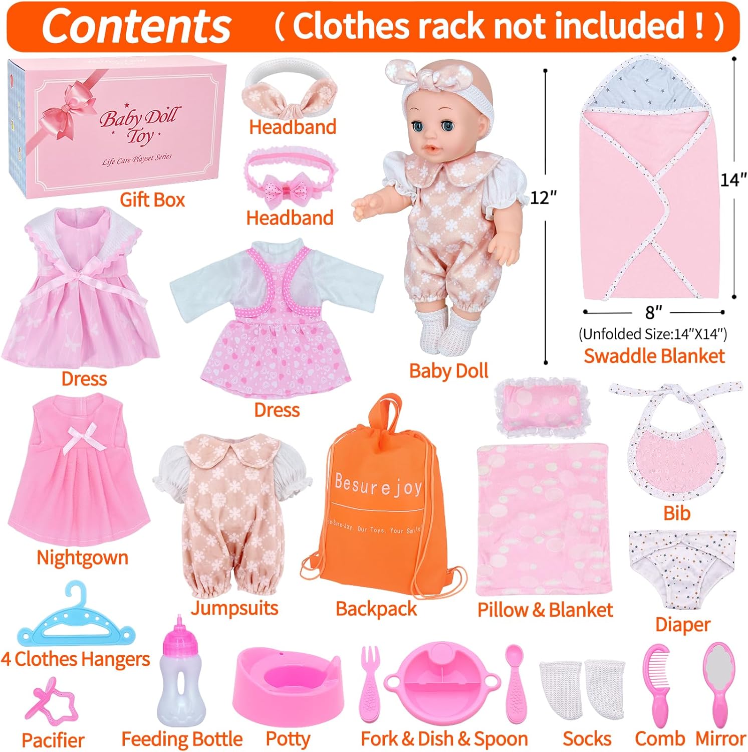 12'' Baby Doll Playset with 4 Outfits,Clothes Hanger,Swaddle Blanket,Bib,Diaper,Pacifier,Feeding Bottle,Backpack and Accessories. Dress-Up Pretend Play Reborn Toy Girl Toddler Kids Gift Set