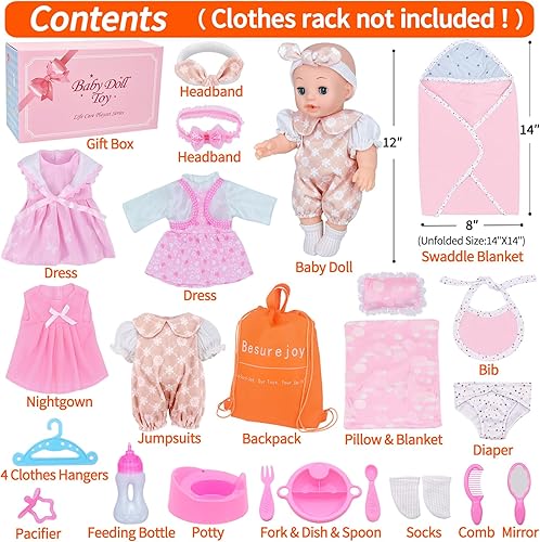 Miniatura 2 de Juego de muñeca de bebé de 12 pulgadas con 4 trajes, colgador de ropa, manta para envolver, babero, pañal, chupete, biberón, mochila y accesorios.