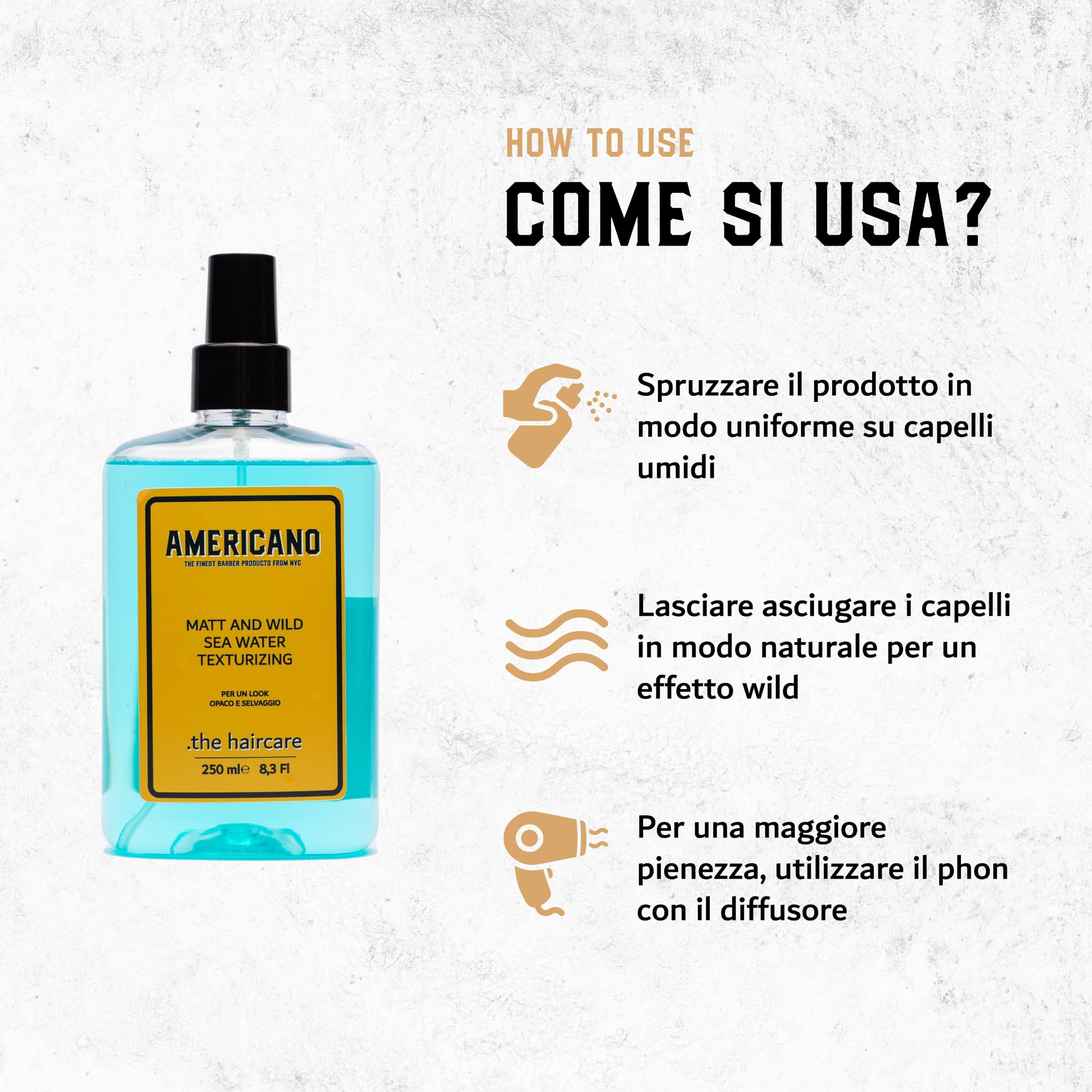 Americano Sea Water - Sea Salt Spray 250 ml, Acqua di Mare per Capelli, Made in Italy, Senza Alcool, Spray Texturizzante per Capelli, Ideale per Uomo e Donna, Spray al Sale Marino Professionale