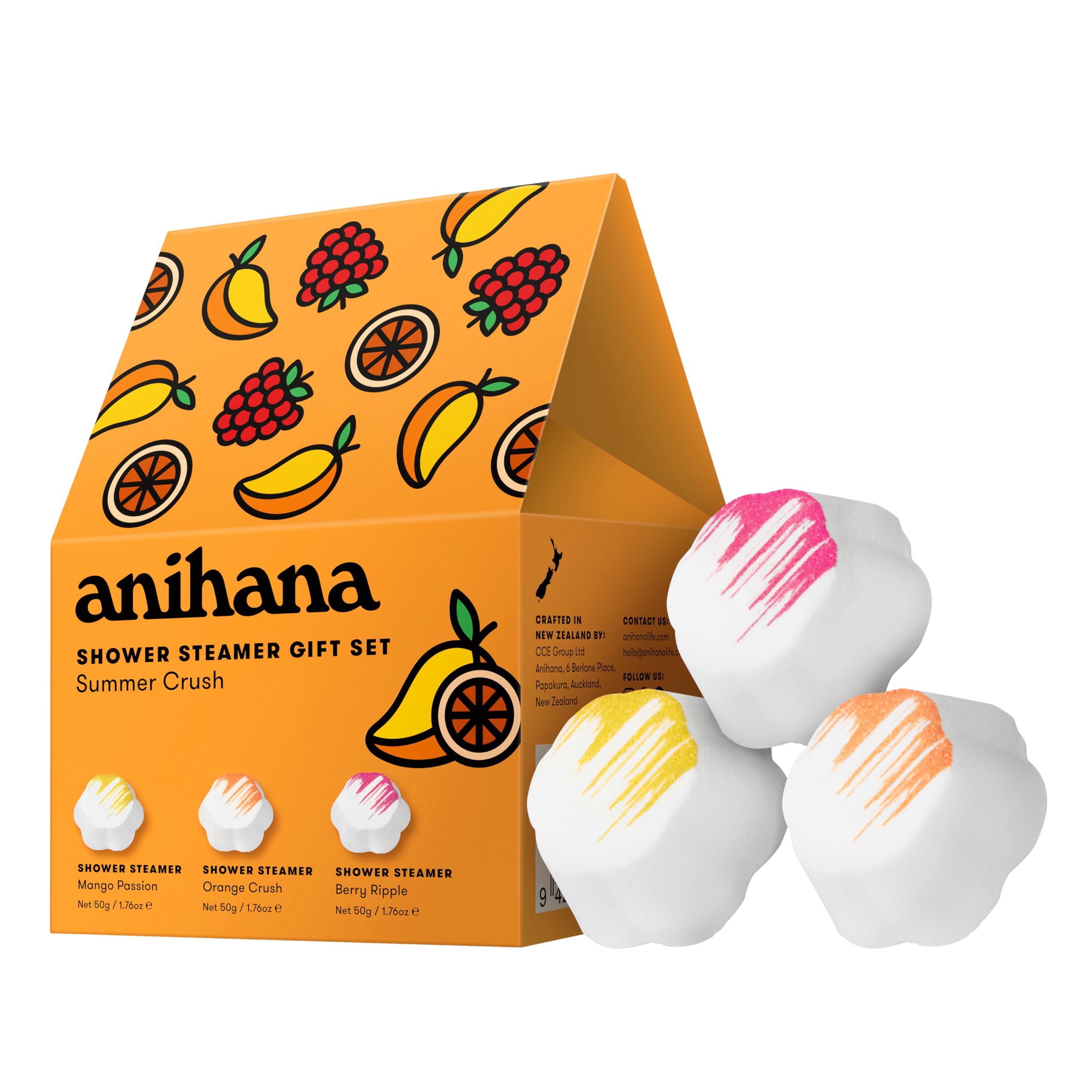 ANIHANA Shower Steamers Summer Crush 3 Pack Gift Set, Paraben Free, Mango Passion, Orange Crush, Berry Ripple, 1.76 oz Each
