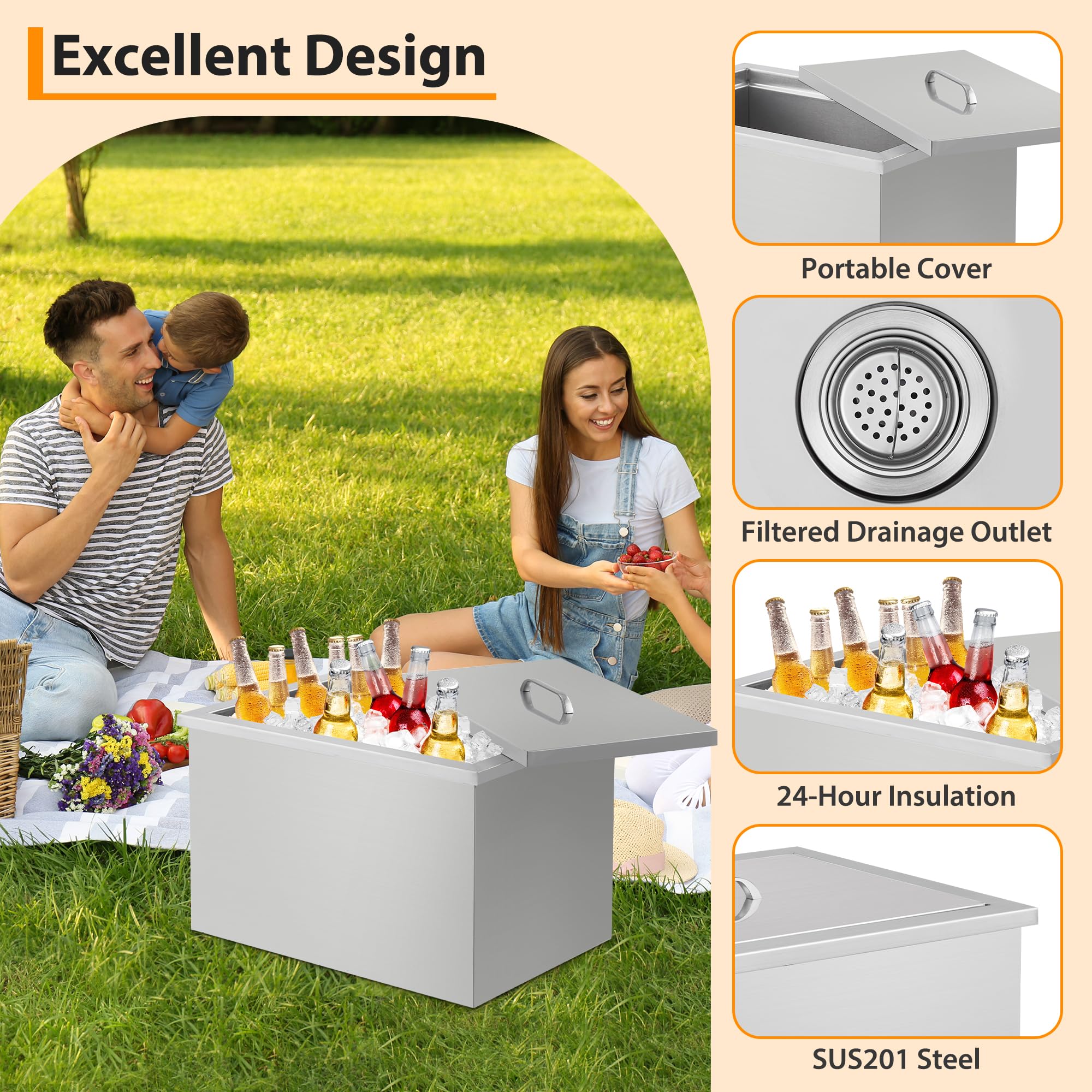 Edelstahl Einbau-Eisbox 51 × 33 × 31 für Outdoor-Küche & Party, Ablaufrohr & Stöpsel, Ideal zur Kühlung von Eis, Getränken, Wein & Bier, Tragbarer Deckel, Silber