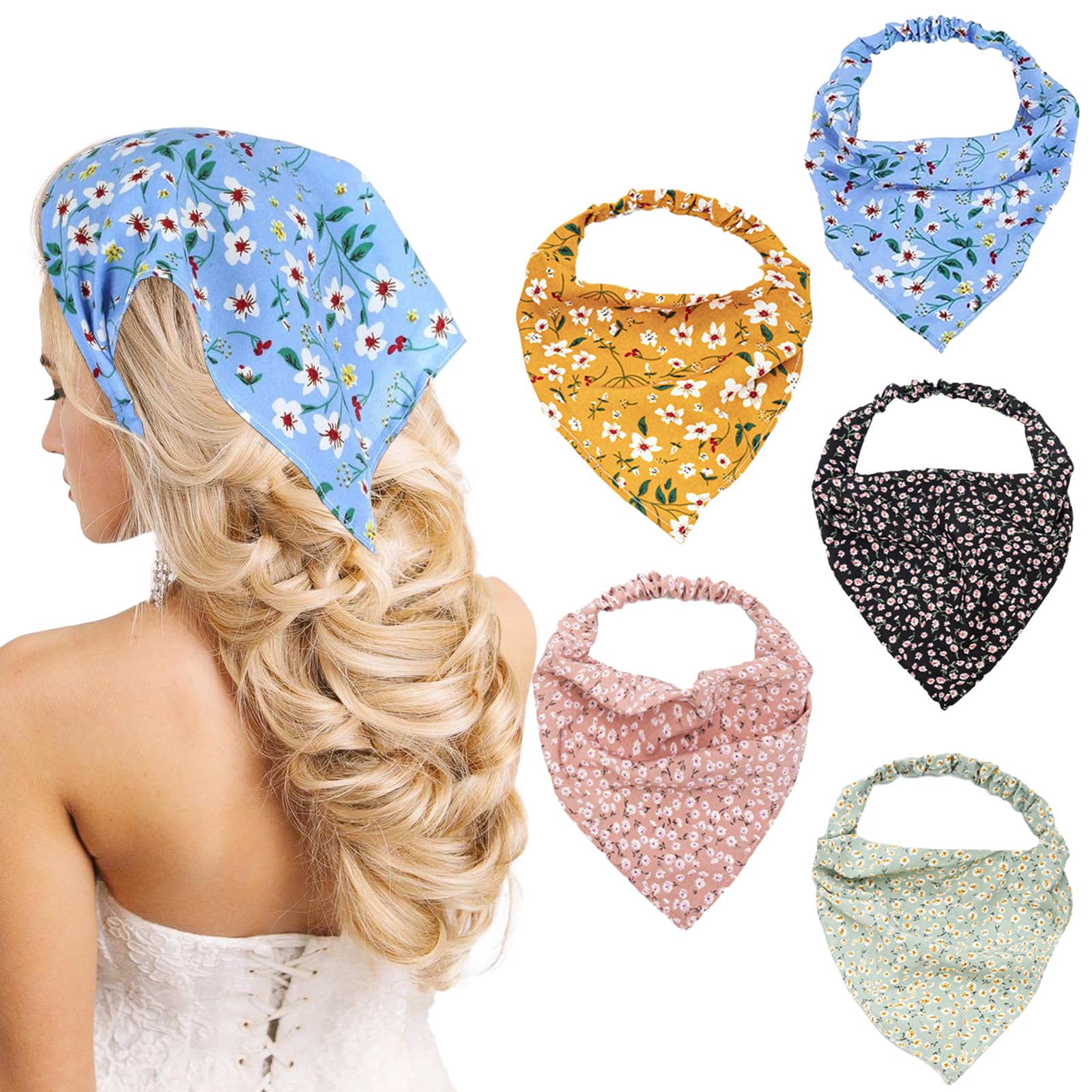 KEYRI 5 Piezas Pañuelos Flor Cabeza Mujer, Pañuelo Triángulo Para Mujer Diademas para el Pelo Estilo Boho Cinta Pelo Mujer Elásticas Turbantes para Niña Ducha Deporte Yoga