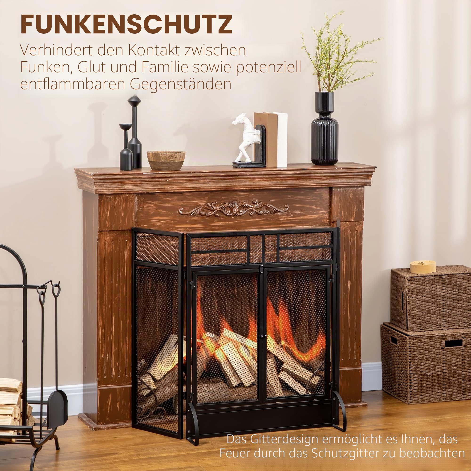 HOMCOM 3-teiliger Kamin-Schutzschirm, Metallgitter-Feuerschutz, Schwarz