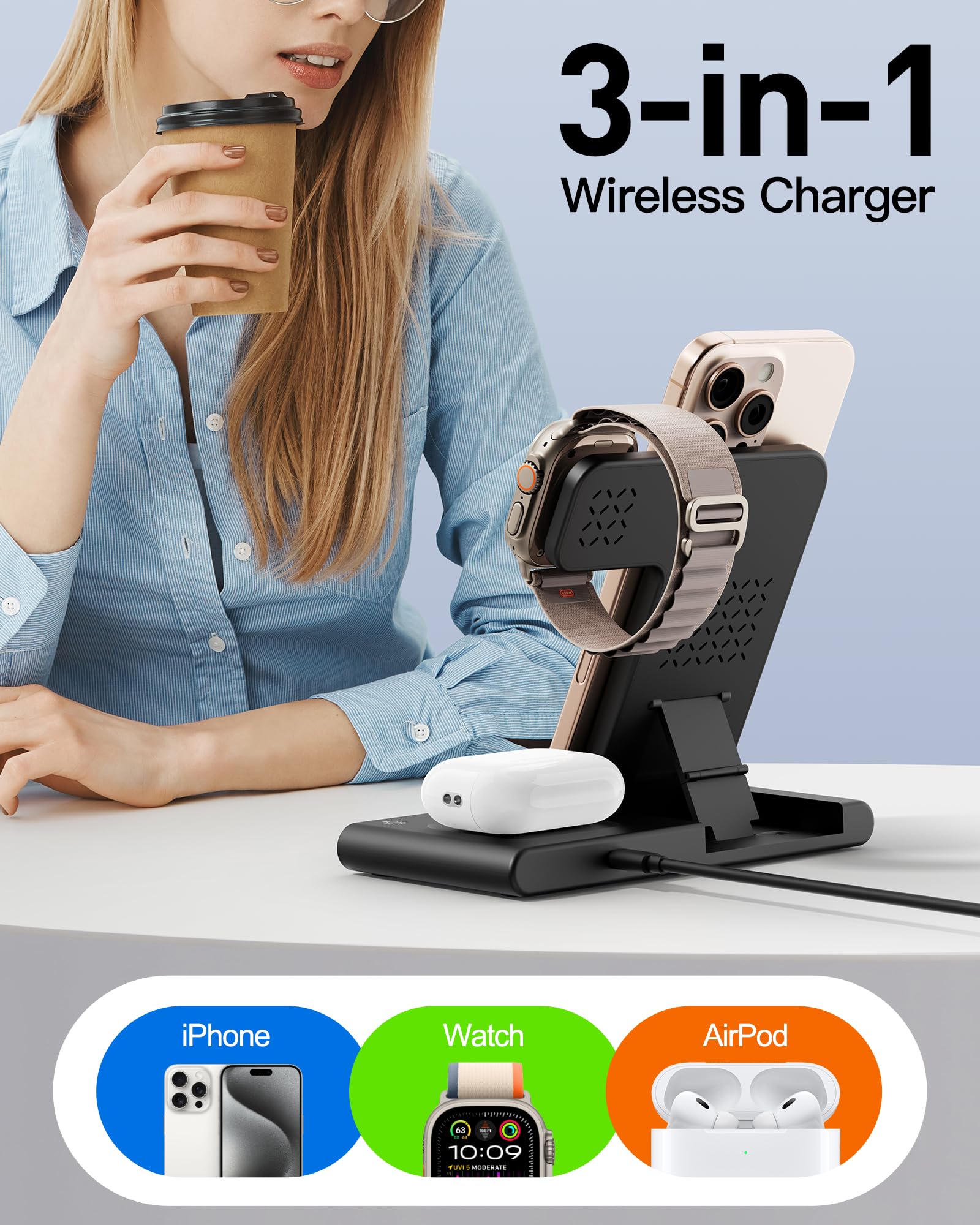 2025 Traveling Portable Wireless Fast Charger for Apple & Android Charging Station, 3 in 1 Charging for iPhone 16 15 14 13 12, Apple Watch Series & Air pods 4 3 2 Pro, Samsung Galaxy-Gifts for Family