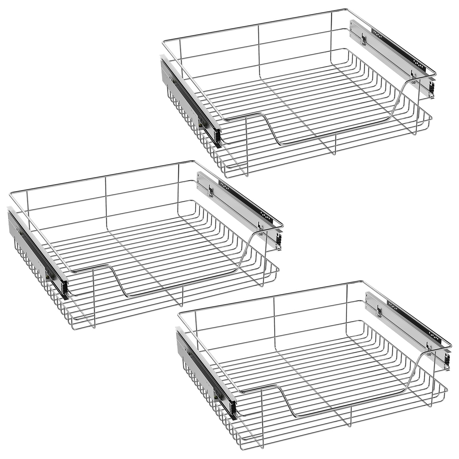3x Pull Out Telescopic Kitchen Drawer,30kg load capacity Wide Cabinet Slide Out Wire Storage Drawers 60CM,for Kitchen, Pantry, Bathroom Cabinets, Base Larder