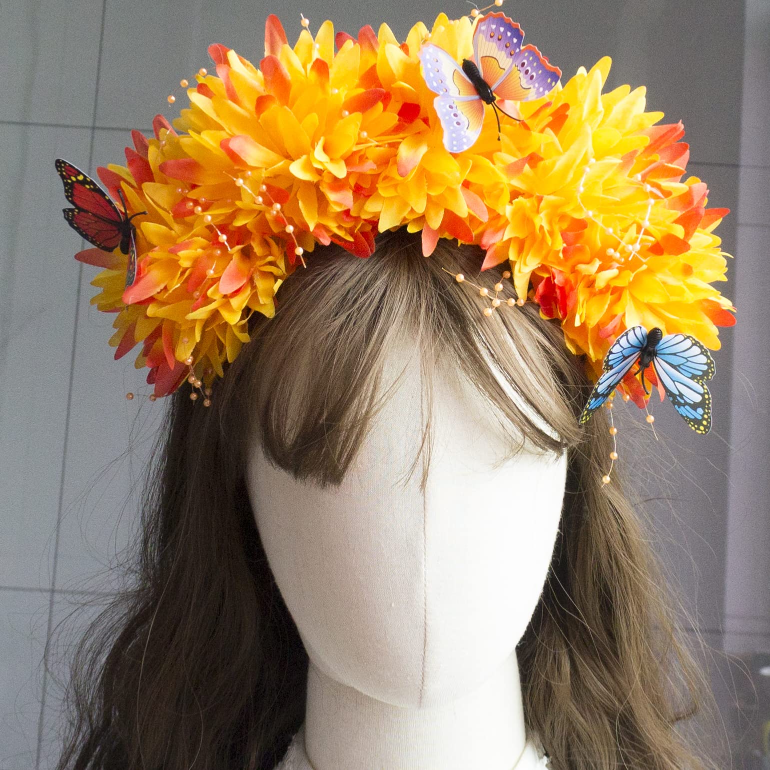 Ansuma Artificial Flower Crown Chrysanthemum Headband, Orange Floral Headpiece with Butterfly Decor for Women on Wedding Festival Party Day of the