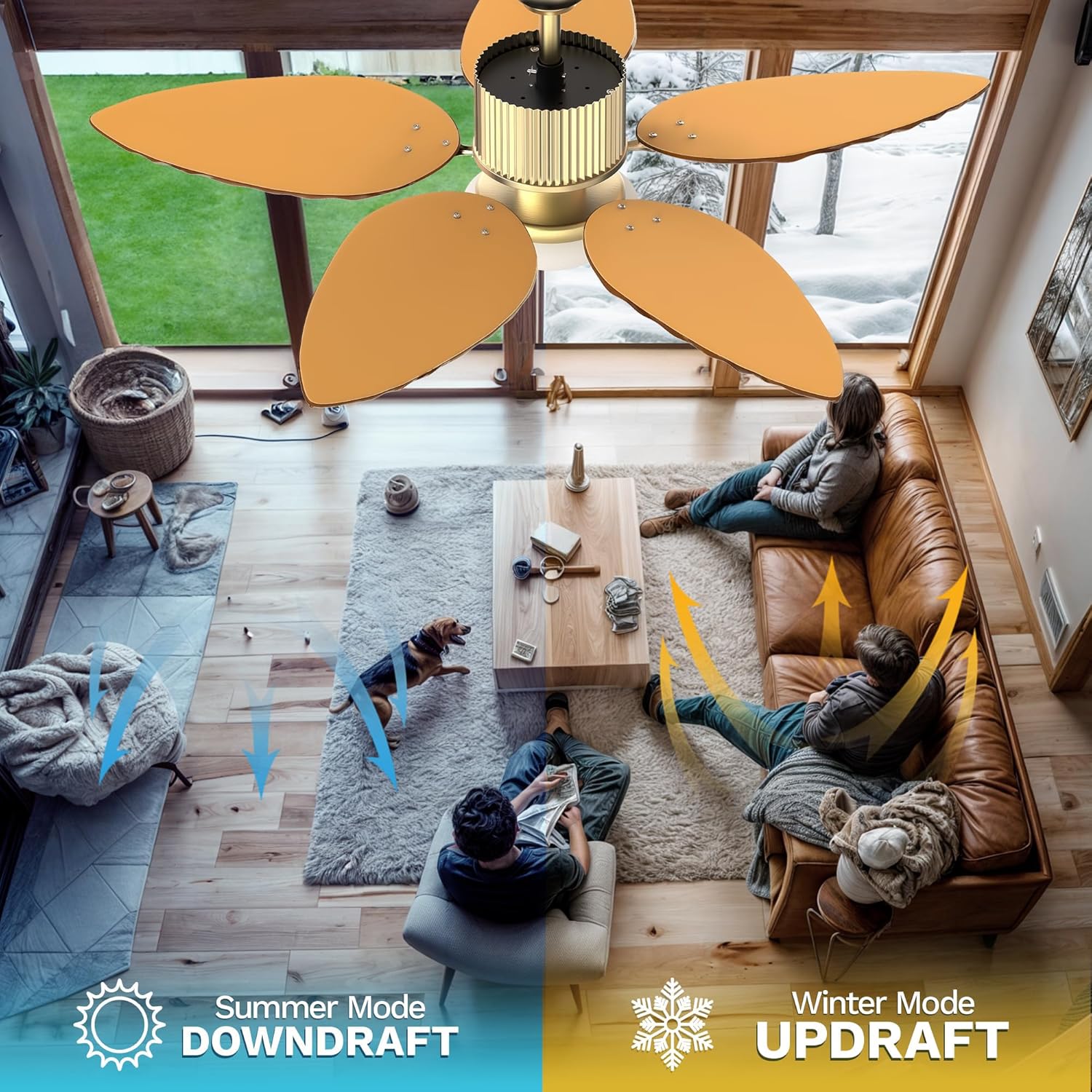 The ceiling fan light displaying three different color temperatures: 3000K warm, 4500K natural, and 6000K cool white.