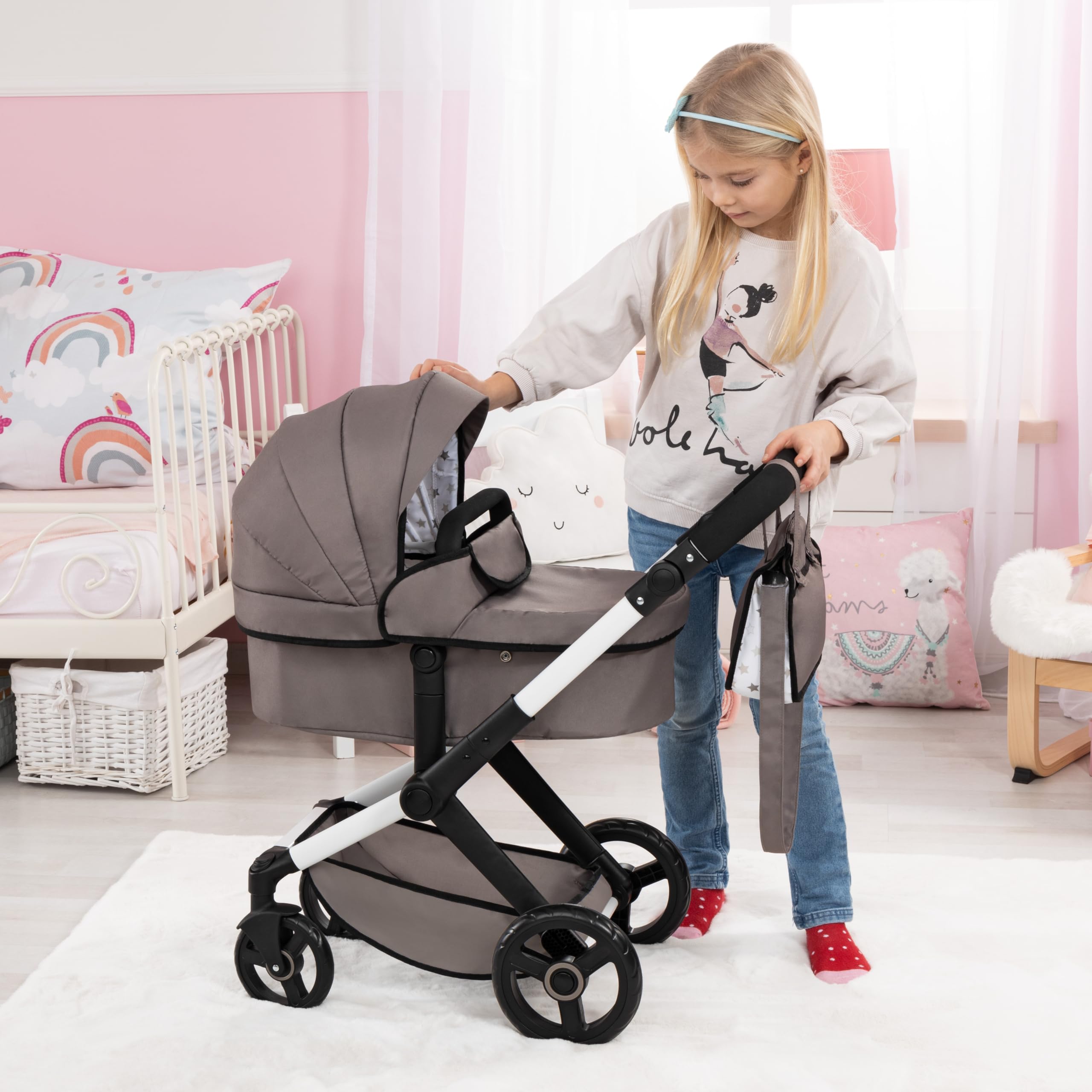 Bayer - Dolls Pram Xeo (17086AB) | Carrozzina per bambole con manico regolabile in altezza e girevole, trasformabile