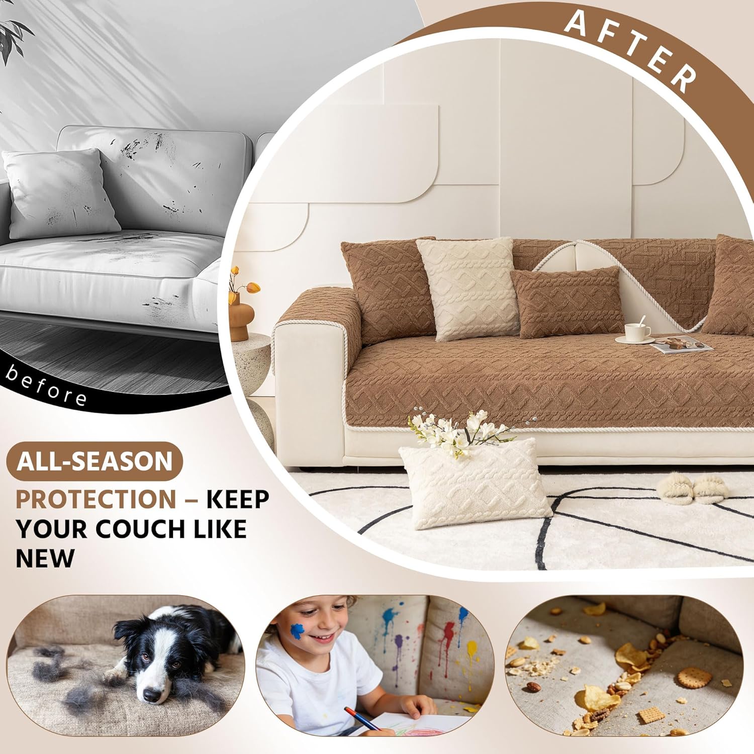 OTOB All Season Couch Cover for Dogs Washable, Anti Slip Soft Plush Geometric Jacquard Love Seat Sofa Slipcovers, Kids Pet Friendly Furniture Protector Couch Covers, 1 Piece (Coffee, 27.6"x59.1")