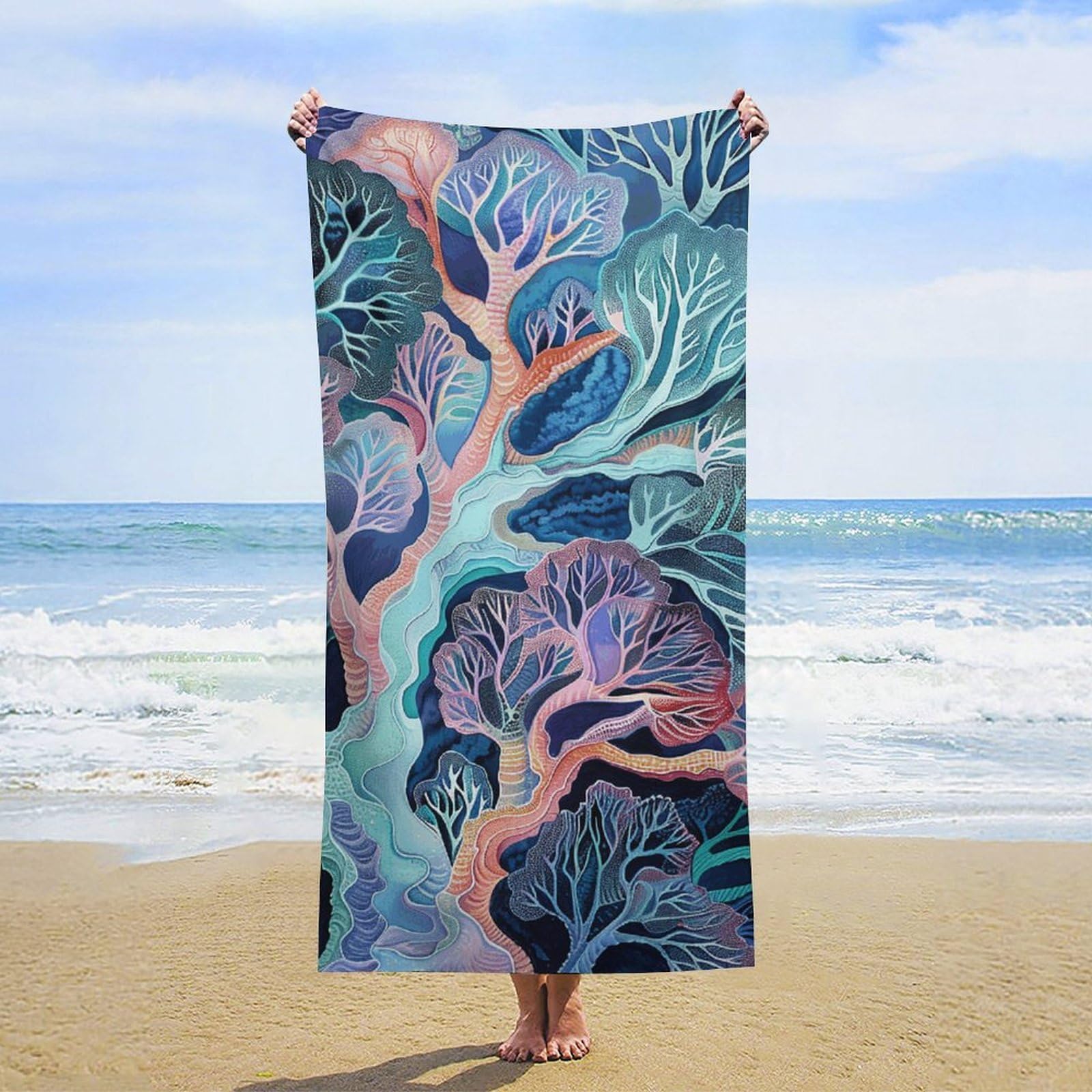 NTVOWPZO Fan Coral Image Beach Towel Oversized Microfiber Bath Towels Lightweight Sand Proof Beach Towels Absorbent Pool Towels for Swimming Yoga Bathroom Towel 31.5" X 63"