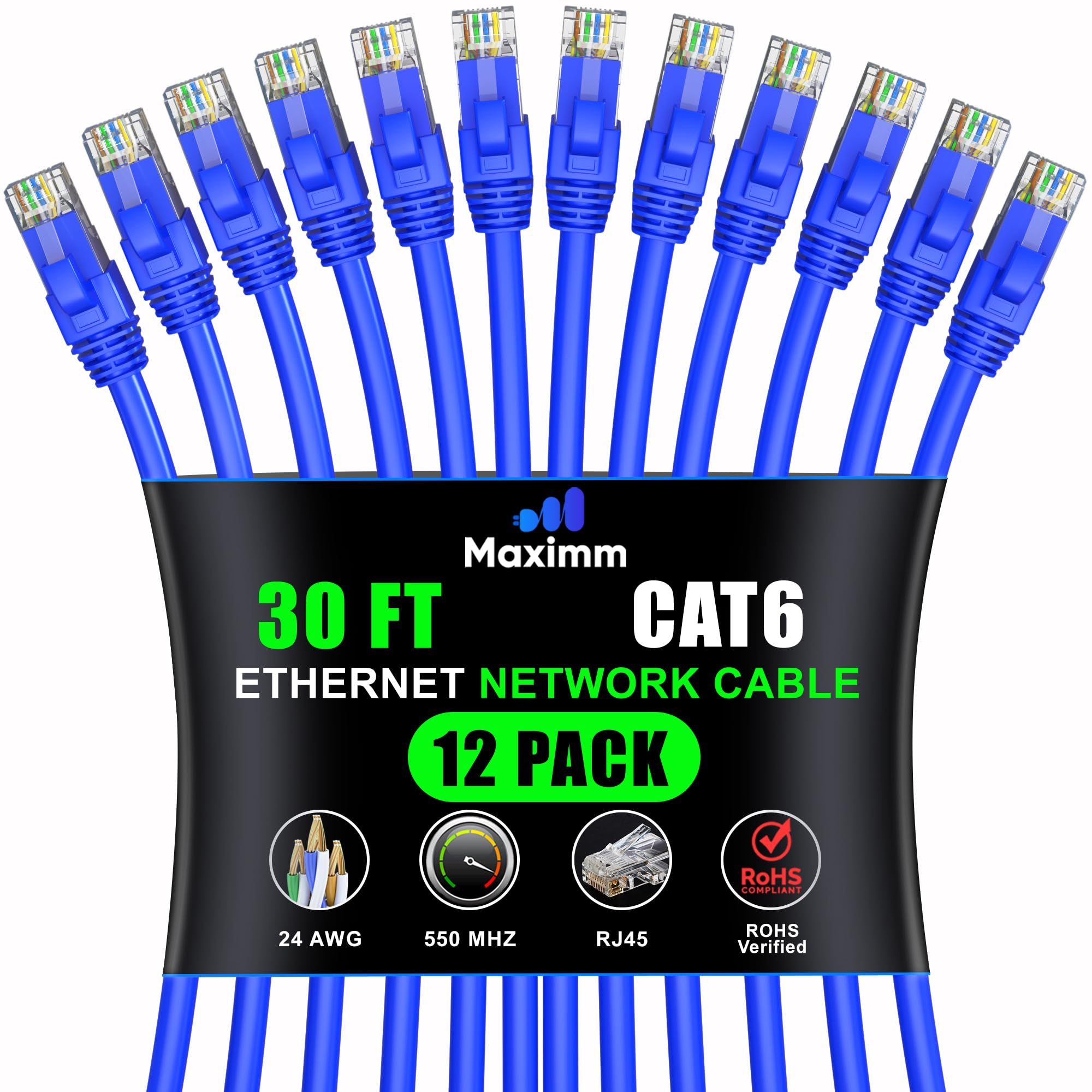 Maximm Cable Ethernet Cat 6 de 30 pies, (paquete de 12) cable Cat6, cable LAN, cable de Internet y cable de red - UTP (azul)