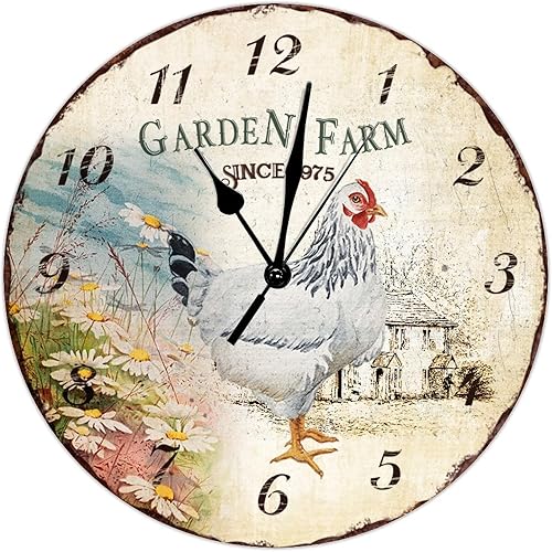 Garden Farm - Reloj de pared de mediados de siglo, sin marco, con temática de gallo de 10 pulgadas, silencioso, sin tictac, funciona con pilas, Garden Farm - Reloj de pared de mediados de siglo, sin marco, con temática de gallo de 10 pulgadas, silencioso, sin tictac, funciona con pilas,
