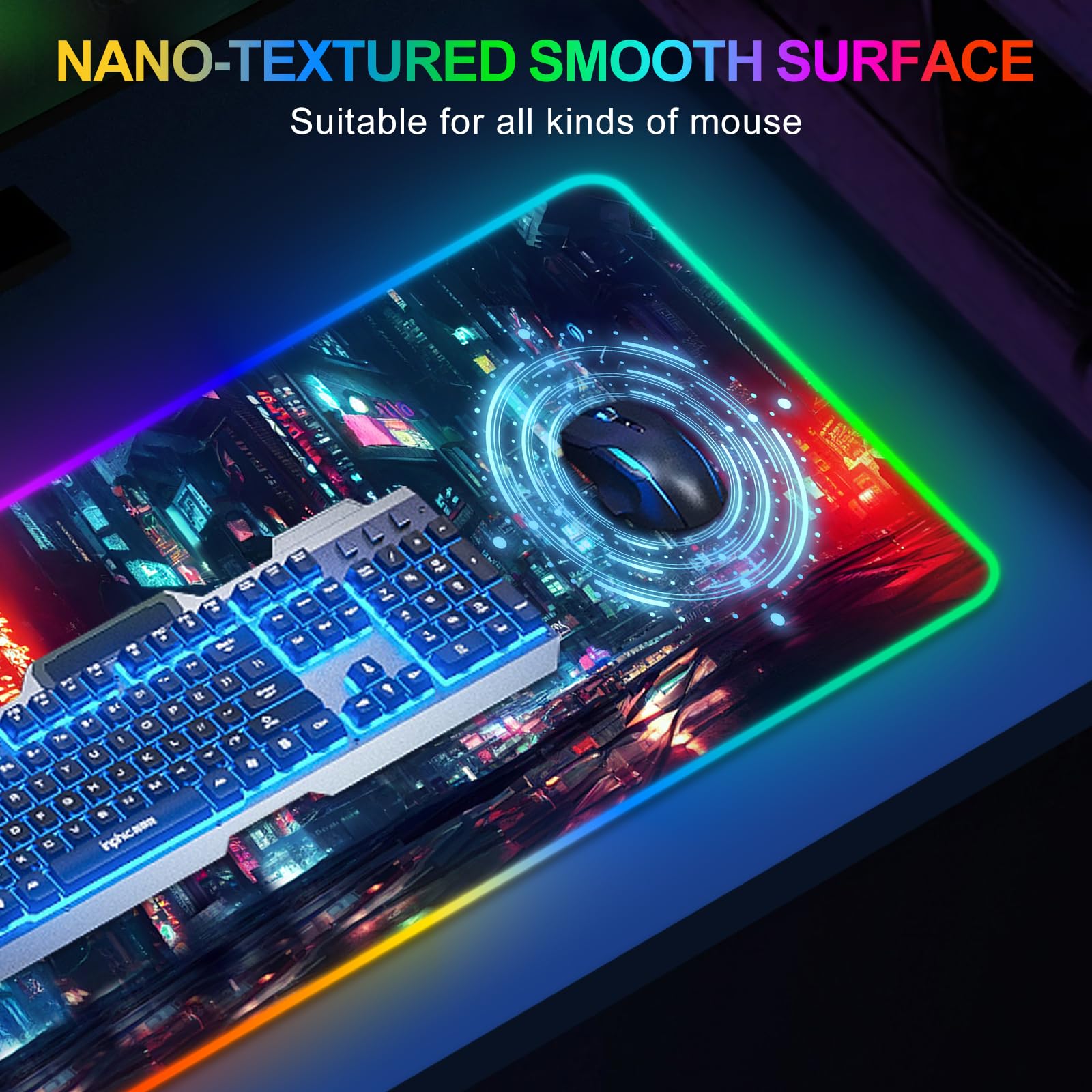 ARTSO Tappetino per mouse da gioco RGB, grande, morbido, esteso, con 14 modalità di illuminazione, 2 luminosità, resistente all'acqua, tappetino per mouse per computer, 89,9 x 40 cm, città notturna
