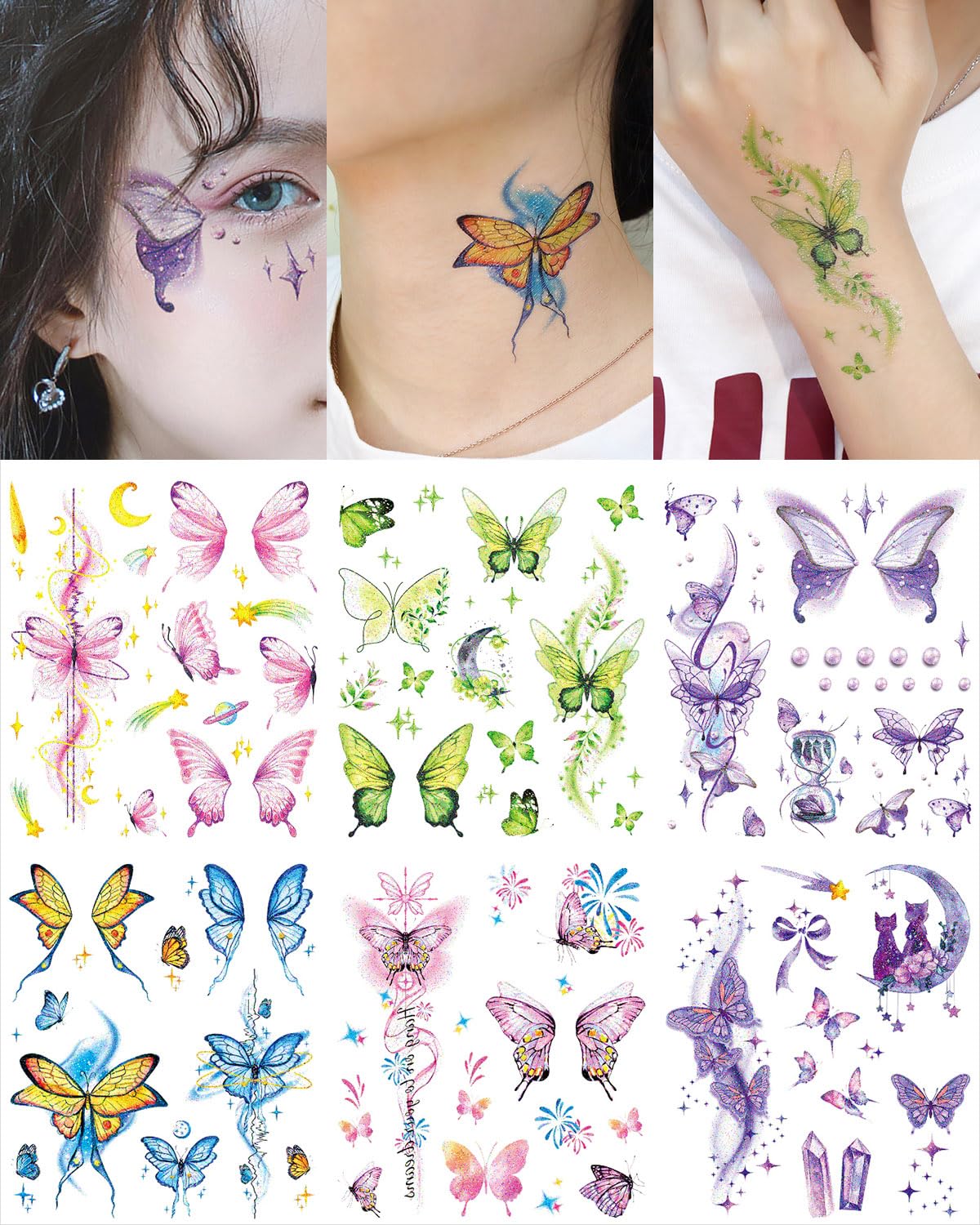 Onogola Glitter Butterfly Makeup Temporary Tattoos for Eye Women Adult, 6 Sheets Colorful Butterflies Wings Fake Fairy Tattoo Stickers Waterproof for