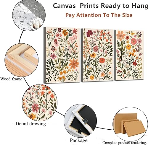 Miniatura 5 de Juego de 3 lienzos botánicos florales bohemios para pared, acuarela, flores silvestres, decoración de pared, cuadros de flores, cuadros impresos