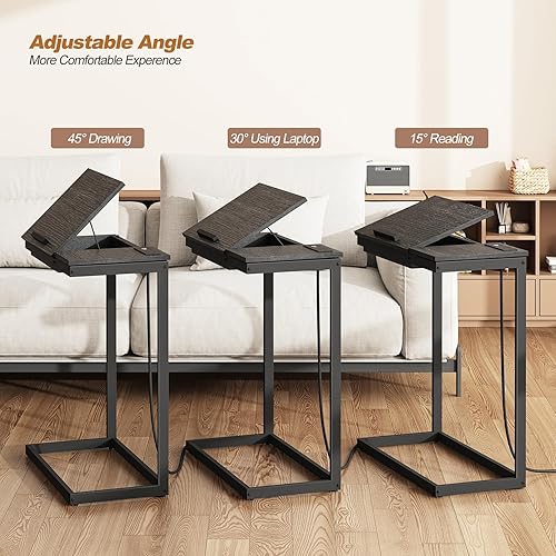 Miniatura 4 de TUTOTAK Mesa auxiliar en forma de C con estación de carga para sofá, mesa auxiliar inclinable en forma de C con bolsa de almacenamiento, bandeja de