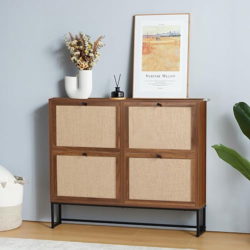 Miniatura 3 de Armario de zapatos con 4 cajones abatibles, organizador de zapatos independiente para entrada, pasillo, sala de estar (nogal - 4 niveles)