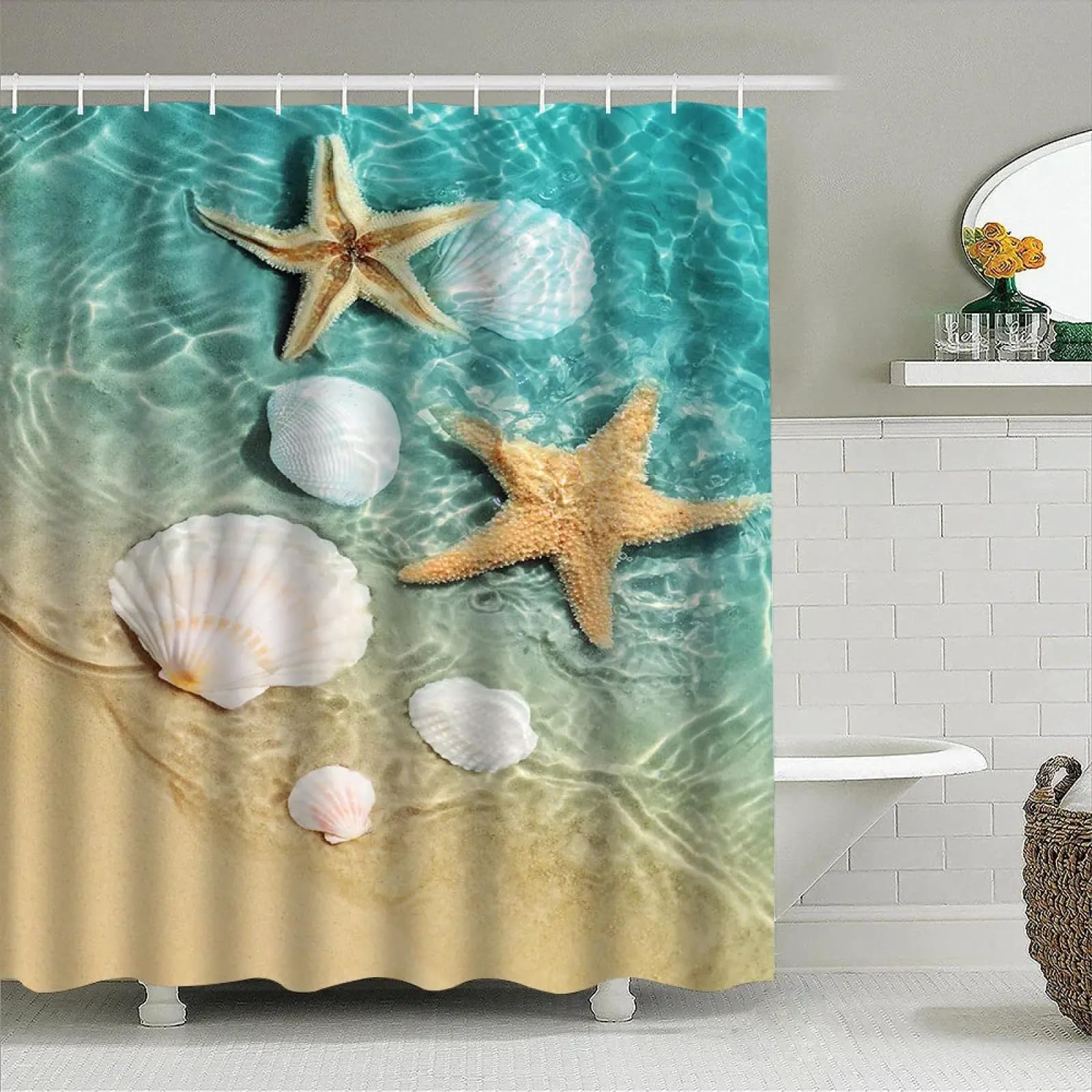 Rideau de Douche Motif étoiles de mer, décoration de Salle de Bain, Grand Rideau Large, Lavable en Machine, imprimé Plage, 280 x 200 cm