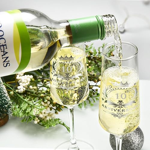 Miniatura 5 de ROXBURGH Juego de 2 copas de champán para el 10 aniversario de boda, decoraciones de 10 aniversario, copas de champán de cristal de 7 onzas, regalos