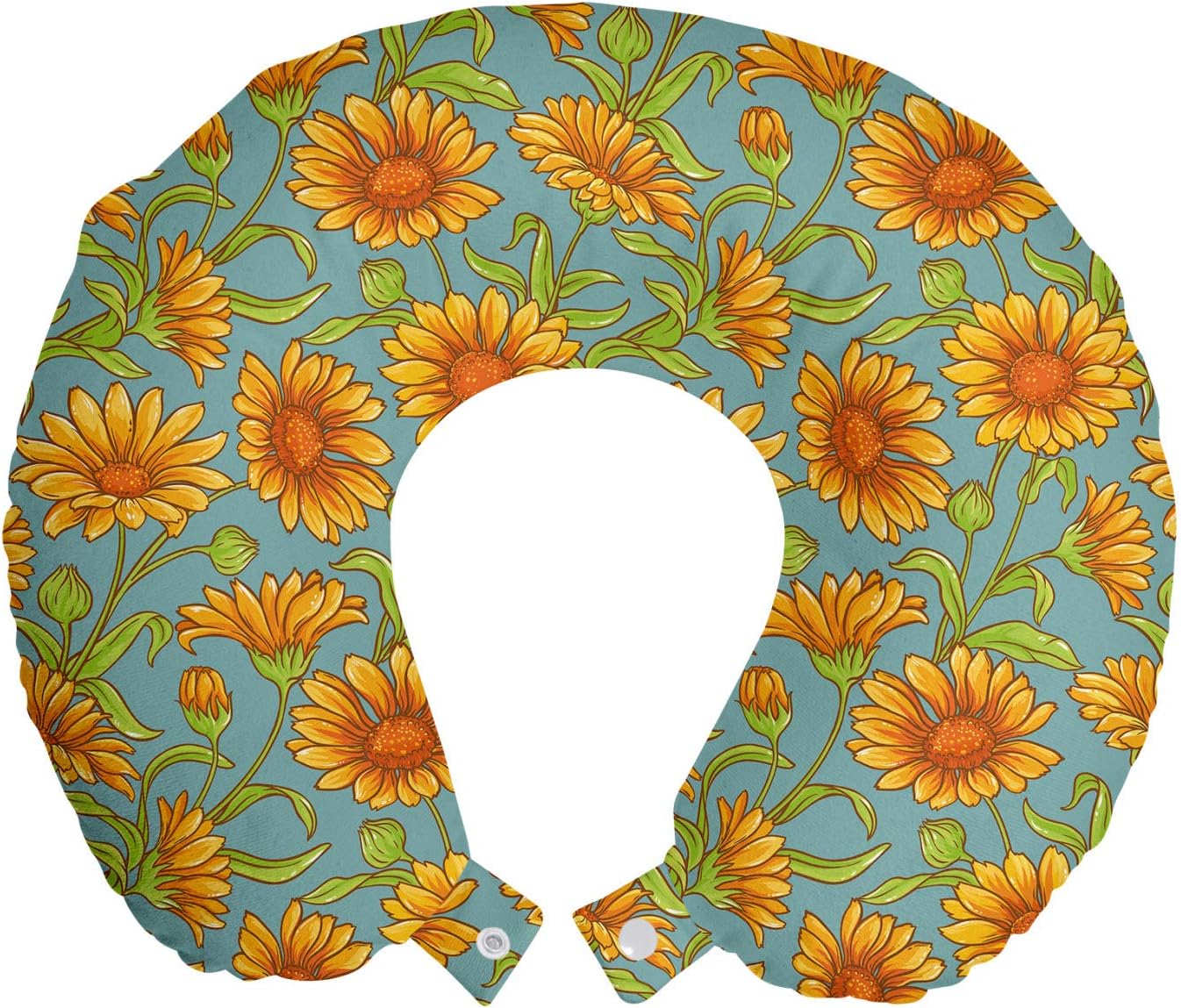 Ambesonne Floral Travel Pillow Neck Rest, Continuous Pattern with Cartoonish Calendula Flowers, Memory Foam Traveling Accessory for Airplane and Car, 12″, Pale Teal Orange