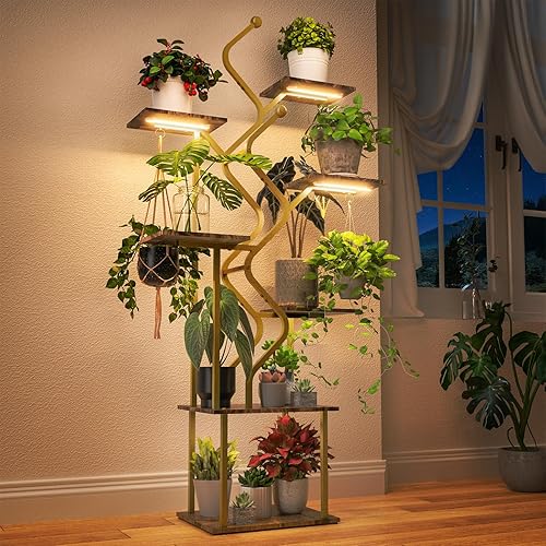 Bstrip Soporte para plantas de 63 pulgadas con luz de crecimiento, estante de plantas de interior de 7 niveles con ganchos para colgar, soporte