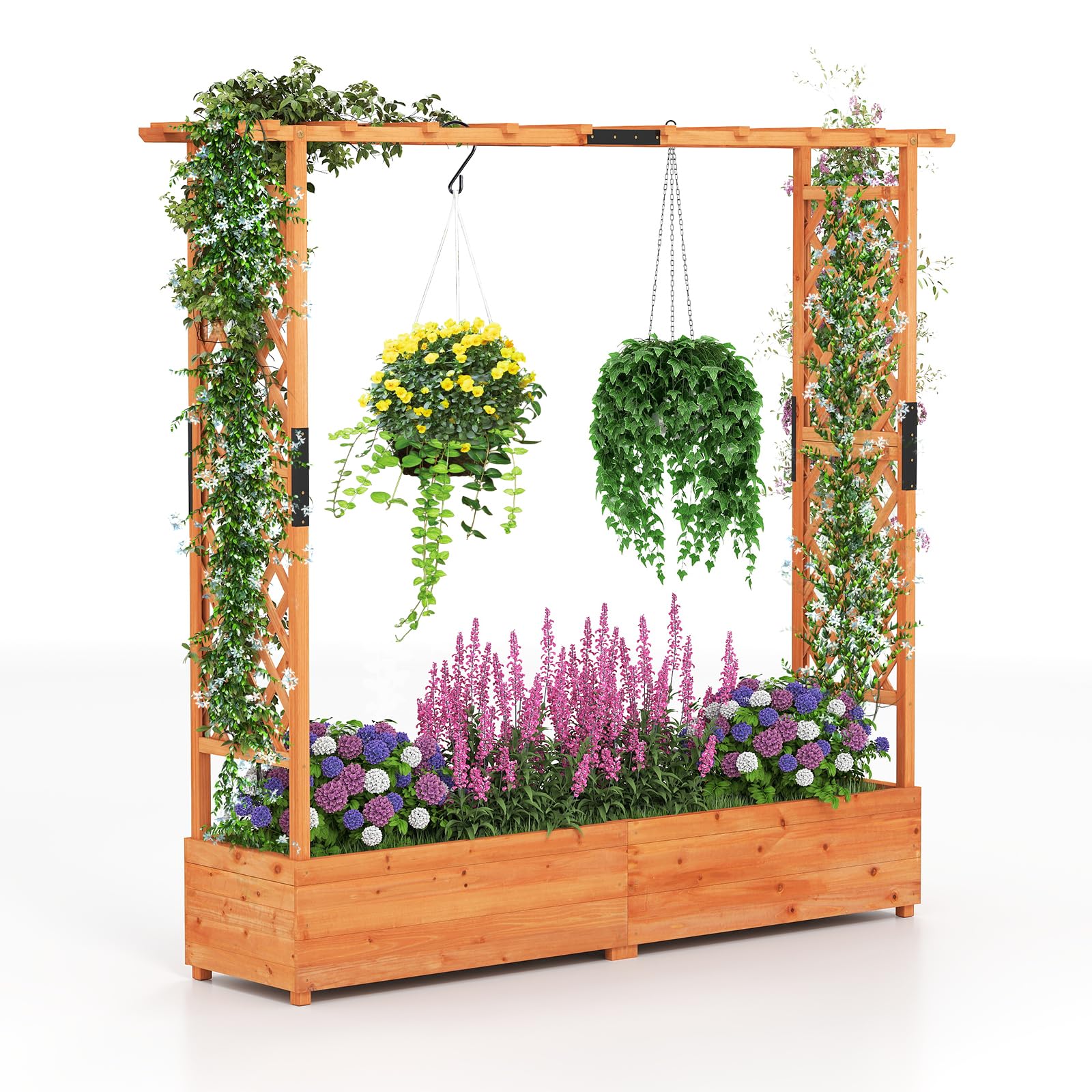 HAPPYGRILL Raised Garden Bed with Trellis, Freestanding Wood Planter Box w/Hanging Roof & Drainage Holes for Vine, Climbing Plants, Flowers, Outdoor