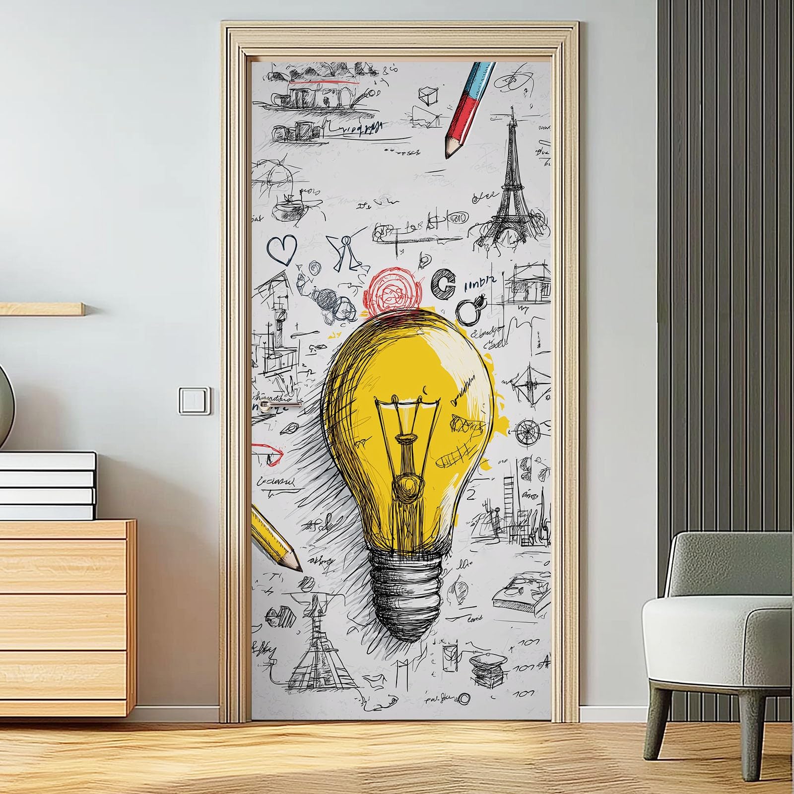 Naklejka na drzwi 3D, samoprzylepna, PCW, 90 x 200 cm, zdejmowana, szara, wodoszczelna, do sypialni, kuchni, łazienki, biura, dekoracja na drzwi - nowoczesna ilustracja Doodle żarówka motyw wnętrza