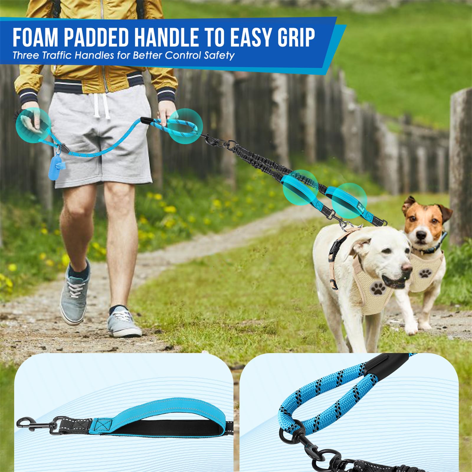 SlowTon Correas dobles para 2 perros – Correa doble para perro sin enredos con tres asas, giro de 360° para perros grandes, resistente correa reflectante doble para perro, absorción de golpes,
