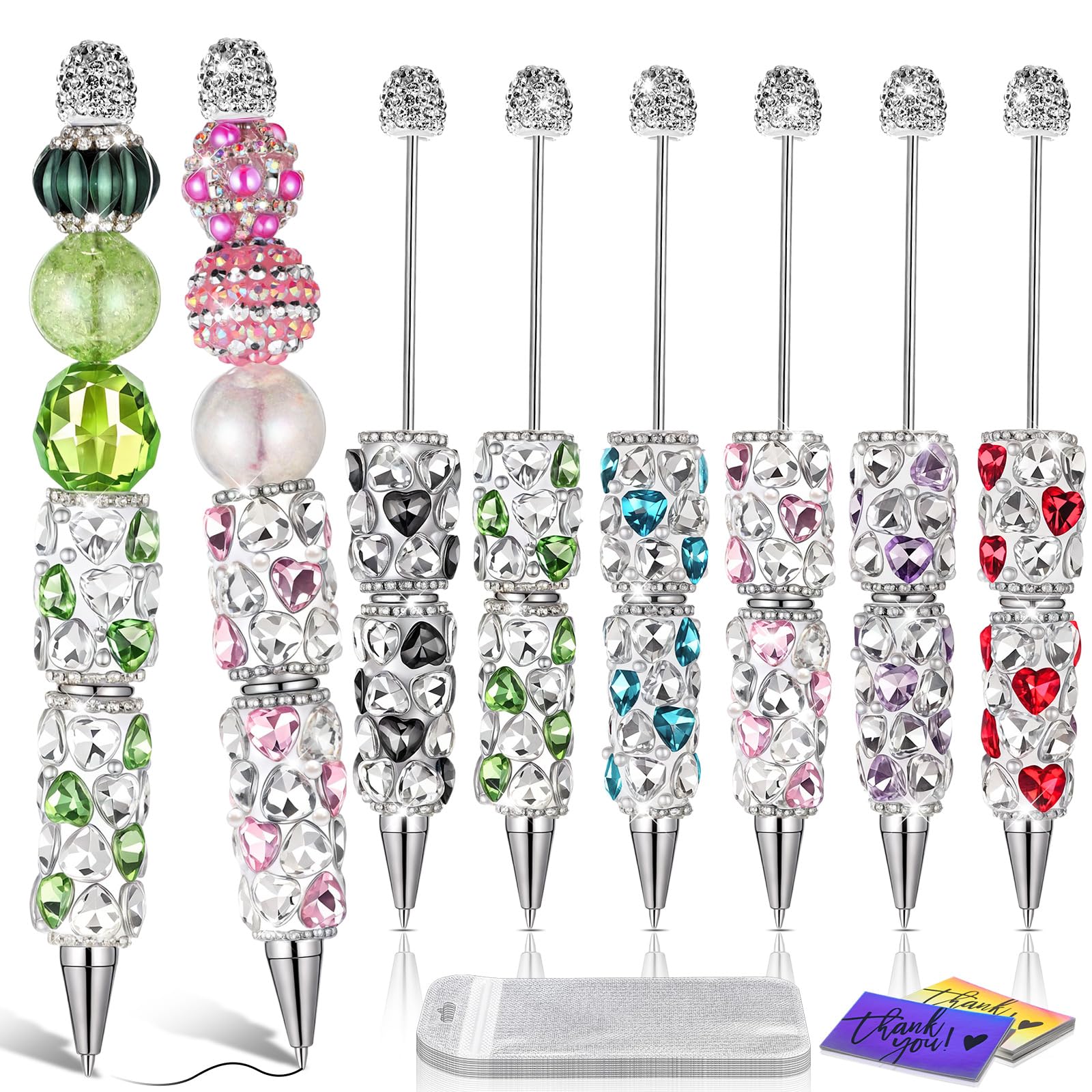 Sayglossy 6 Pcs Full Rhinestones Beadable Pens Glitter Heart Bling Fancy Pen for Beads DIY Luxury Diamond Sparkly Crystal Beaded Pen Kit Cute Journalling Ballpoint for DIY Craft Making